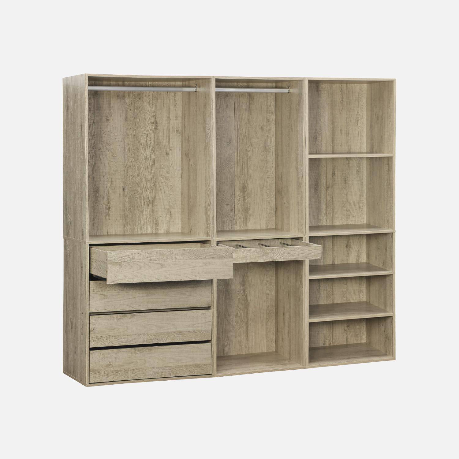 Modulares Kleiderschrank-Set mit 3 Elementen, Regalen, Schubladen, Kleiderstangen, Hosenhalter, Naturfarben. 200 x 45 x 180 cm - Modulo Photo4