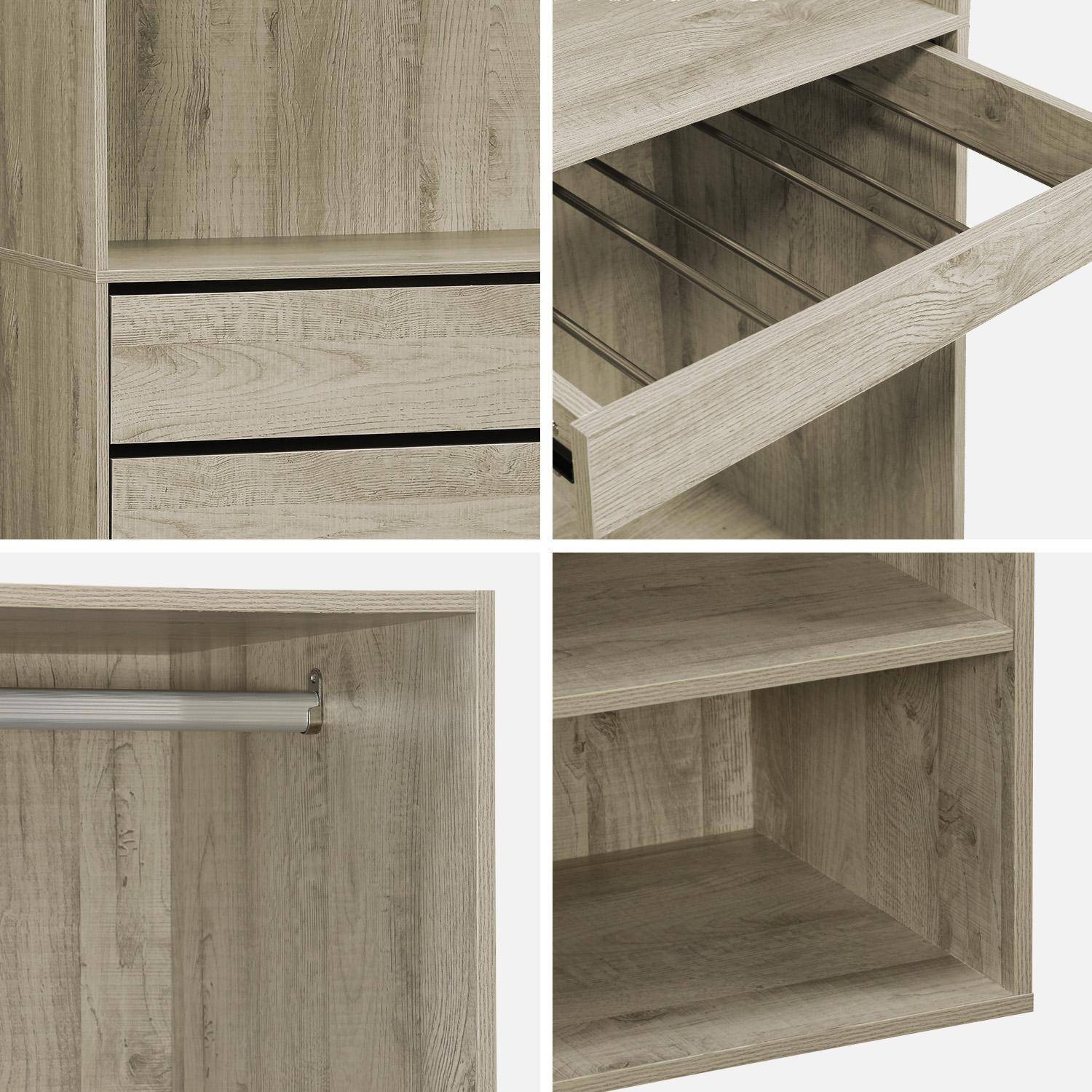 Modulares Kleiderschrank-Set mit 3 Elementen, Regalen, Schubladen, Kleiderstangen, Hosenhalter, Naturfarben. 200 x 45 x 180 cm - Modulo Photo5