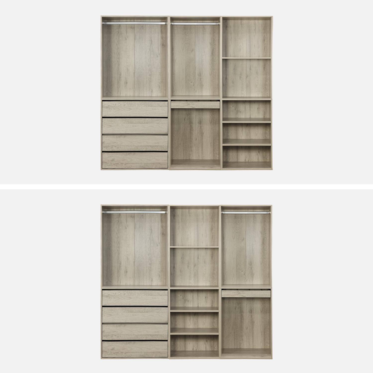 Modulares Kleiderschrank-Set mit 3 Elementen, Regalen, Schubladen, Kleiderstangen, Hosenhalter, Naturfarben. 200 x 45 x 180 cm - Modulo Photo3