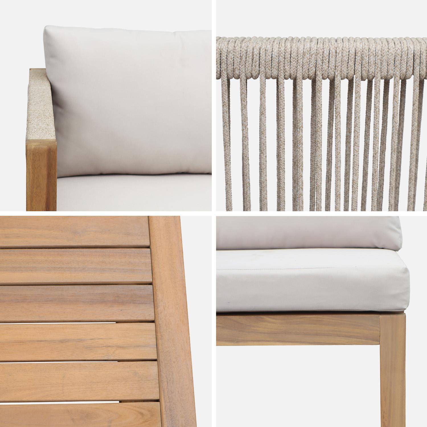 Salon de jardin d'angle bois d'acacia, corde et polyester 3 places table rectangulaire naturel et beige,sweeek,Photo5