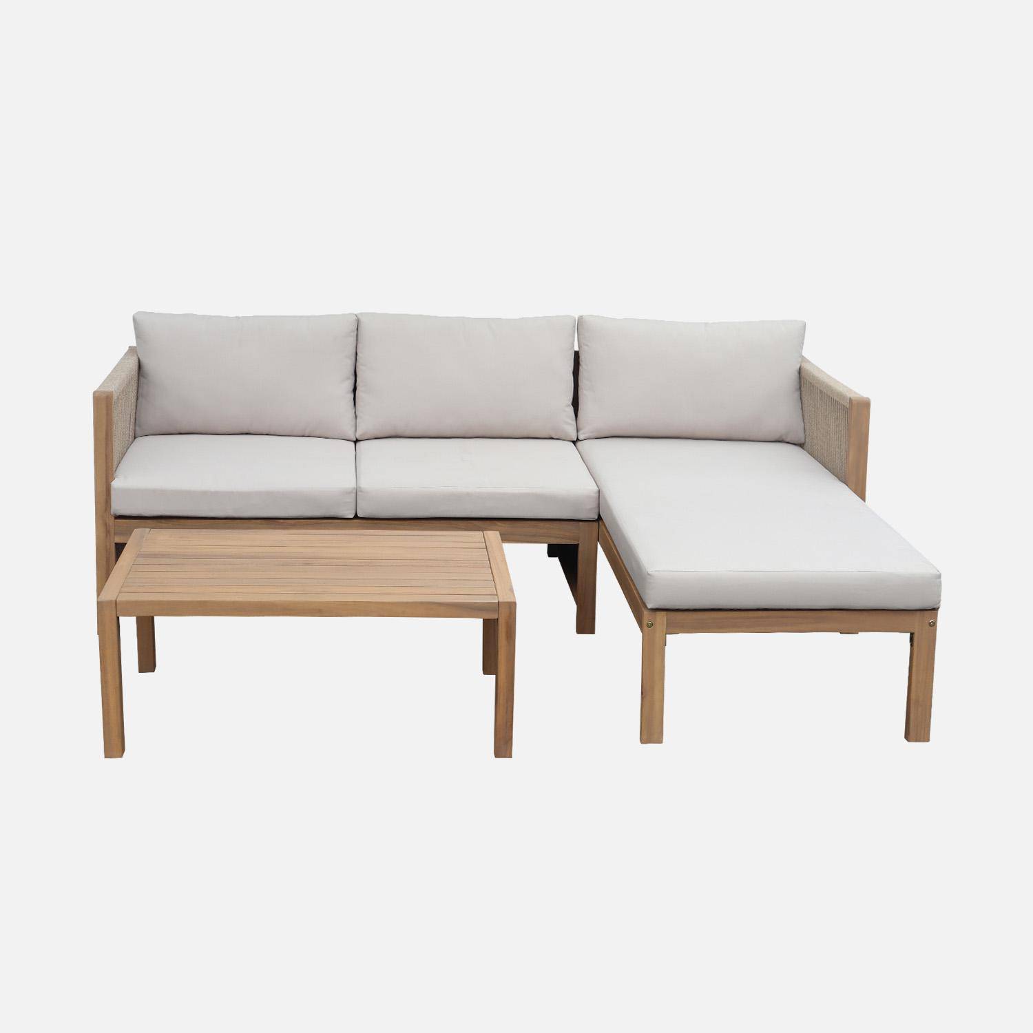 Salon de jardin d'angle bois d'acacia, corde et polyester 3 places table rectangulaire naturel et beige Photo4