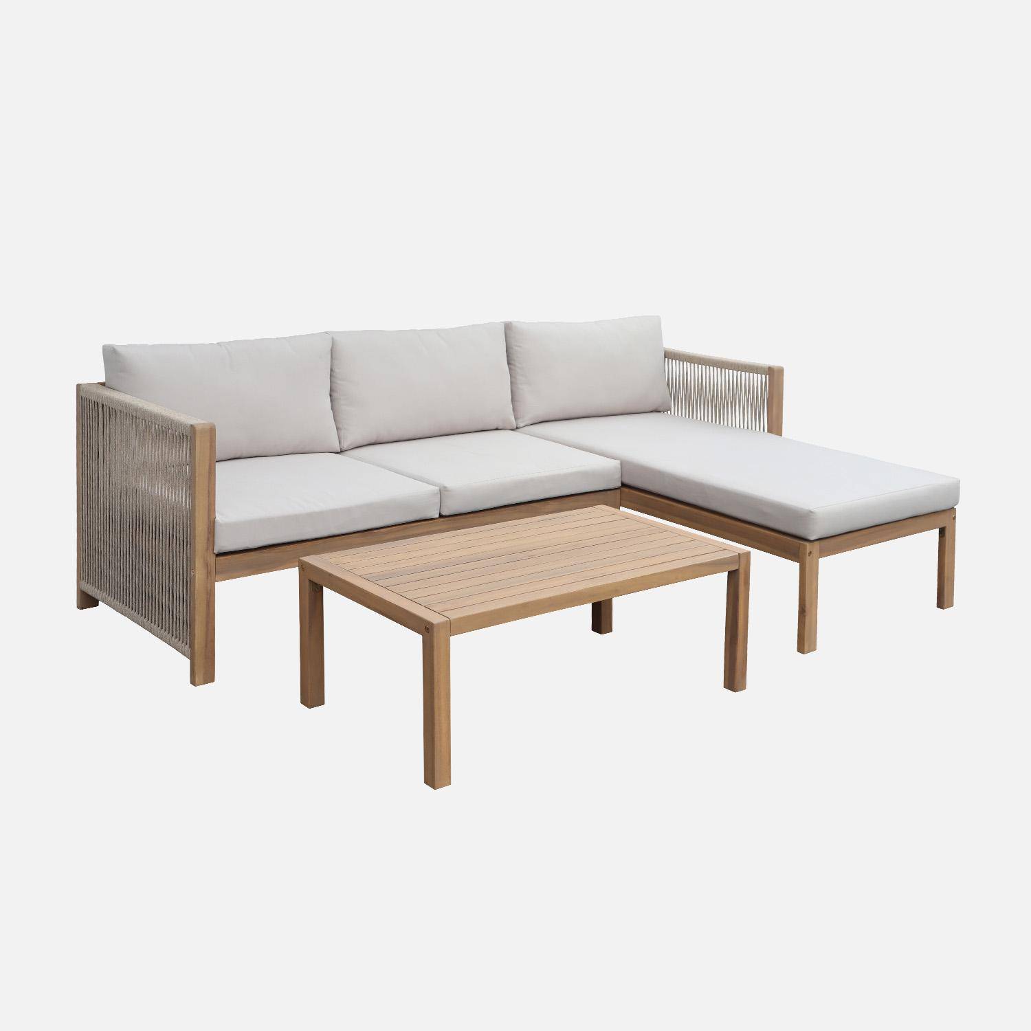 Salon de jardin d'angle bois d'acacia, corde et polyester 3 places table rectangulaire naturel et beige Photo3