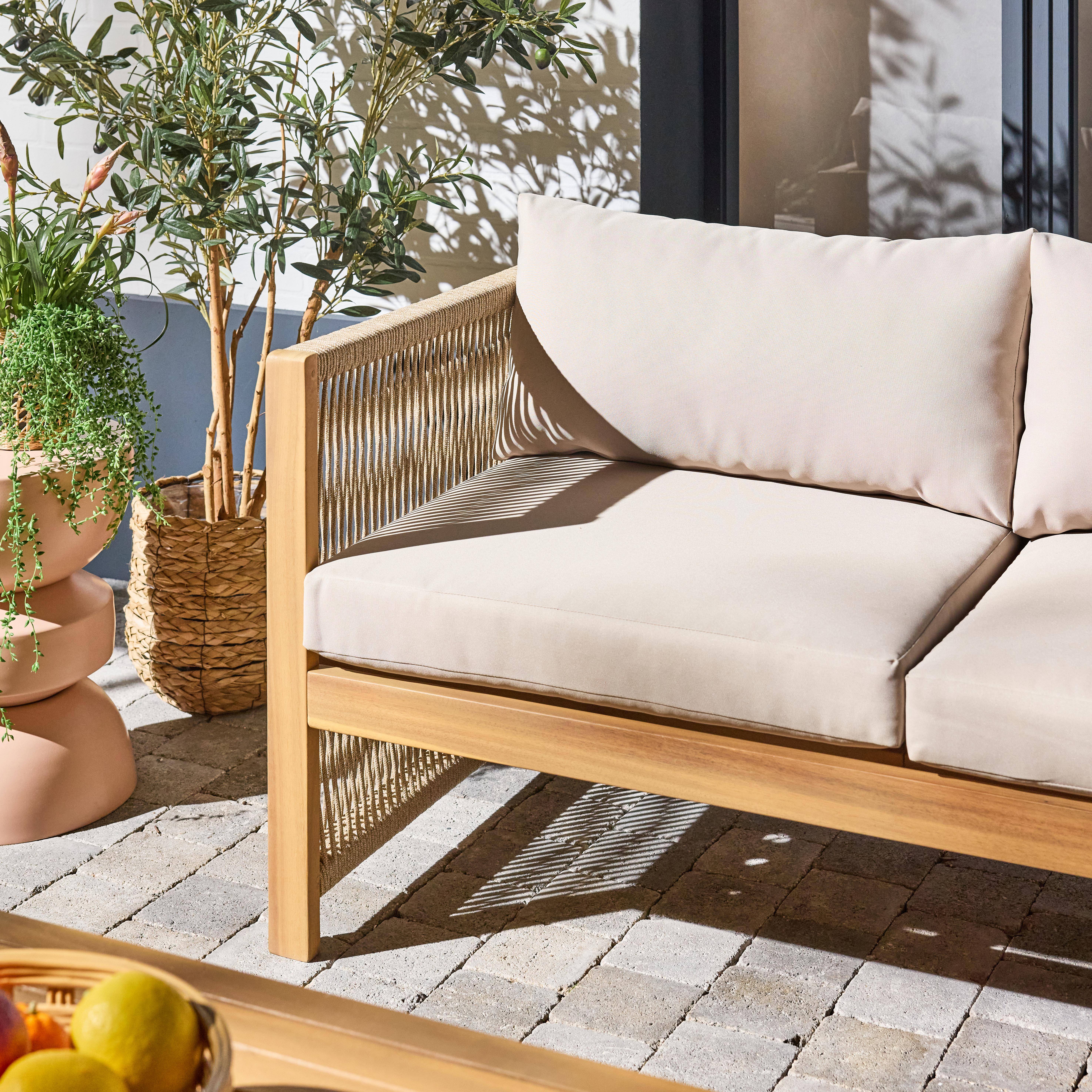 Salon de jardin d'angle bois d'acacia, corde et polyester 3 places table rectangulaire naturel et beige,sweeek,Photo2