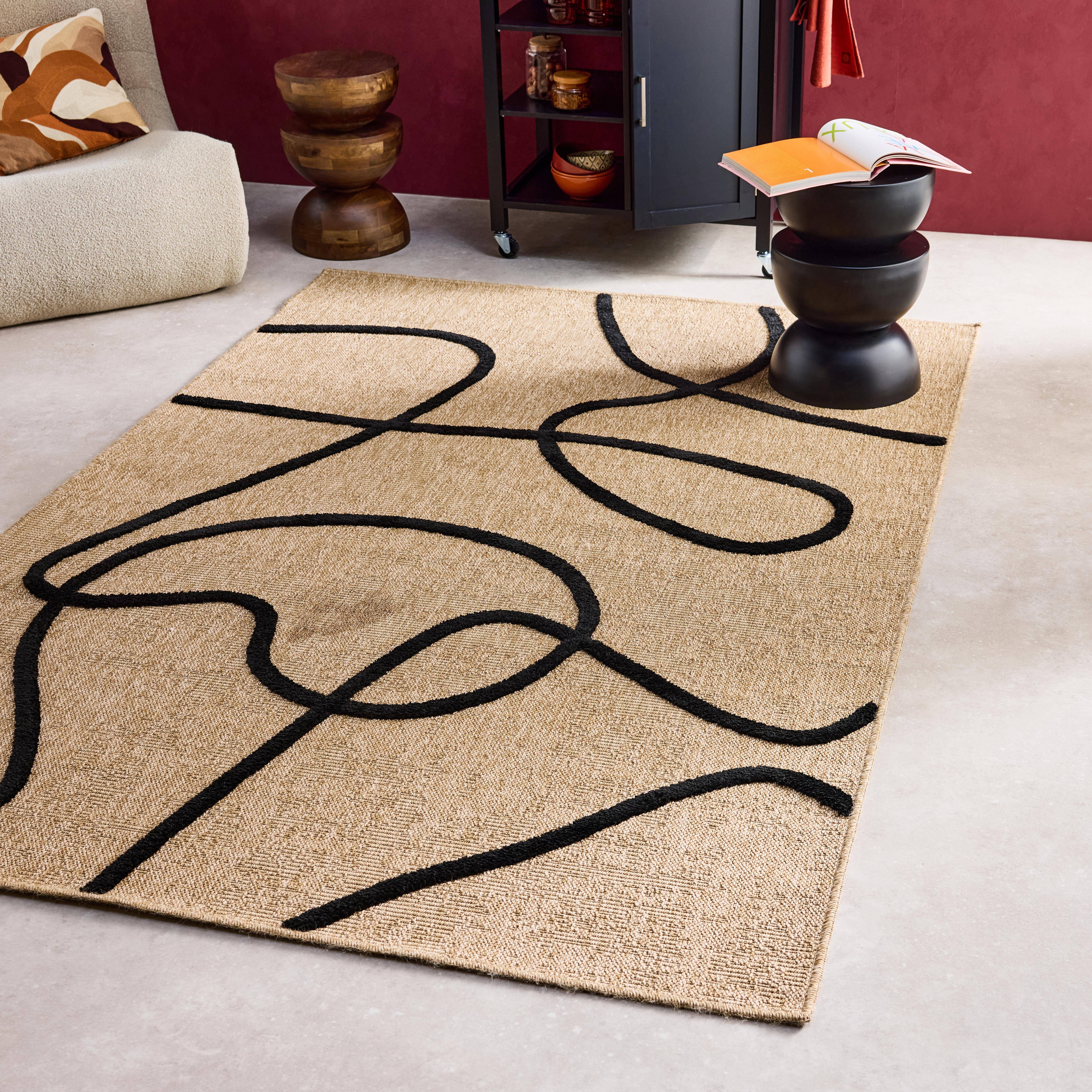 Indoor Teppich mit Jute-Optik, schwarzes grafisches Reliefmuster, 200 x290 cm - Thomas Photo1