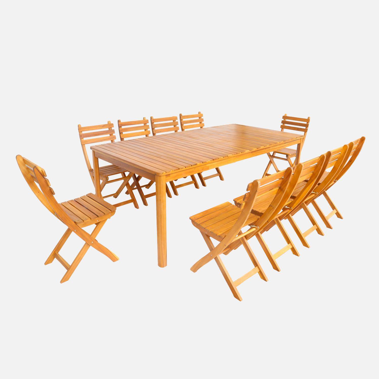 Table de jardin acacia avec coins arrondis, 10 chaises, naturelle, 200 x 100 x 75 cm Photo1