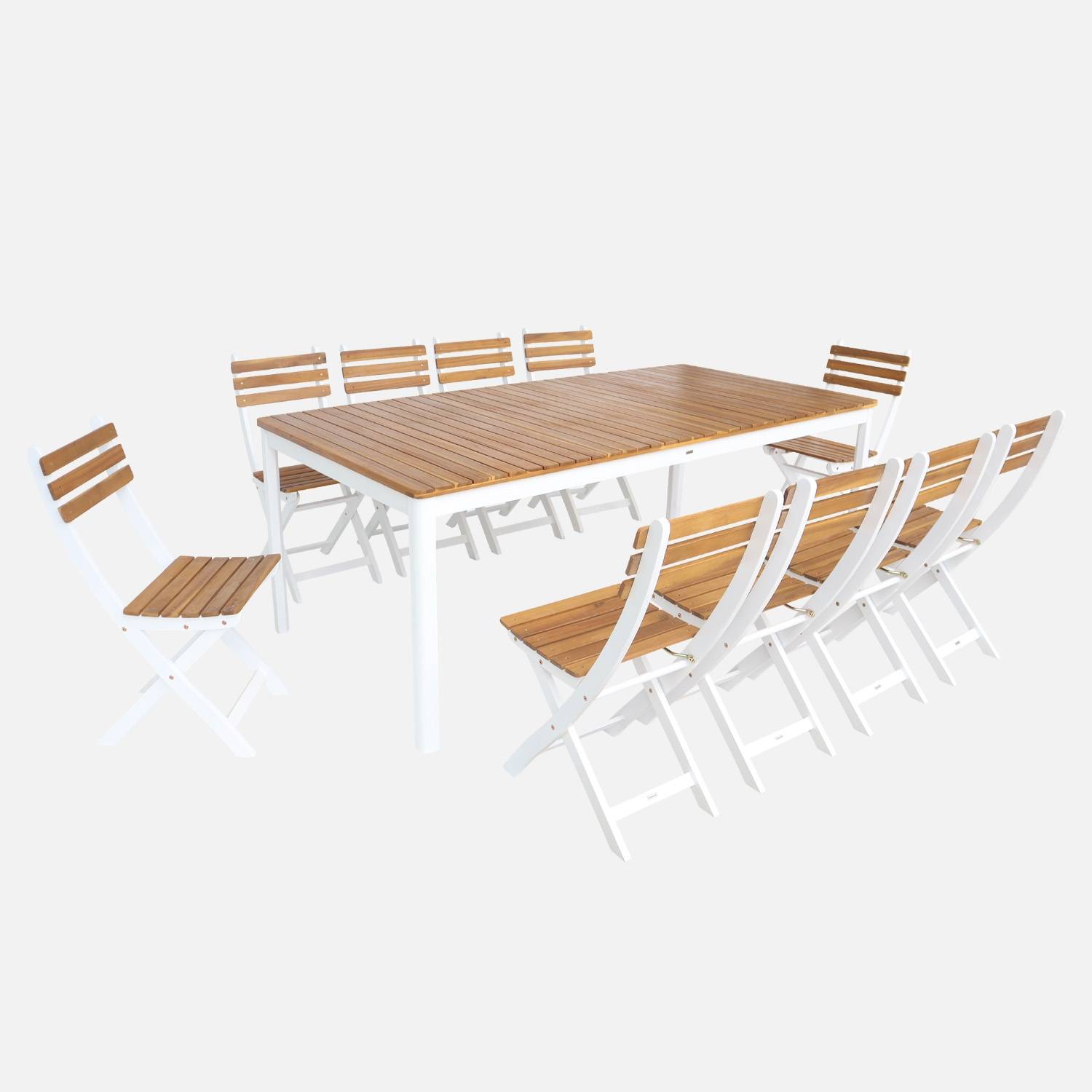 Tuintafel acacia met afgeronde hoeken, 10 stoelen, wit