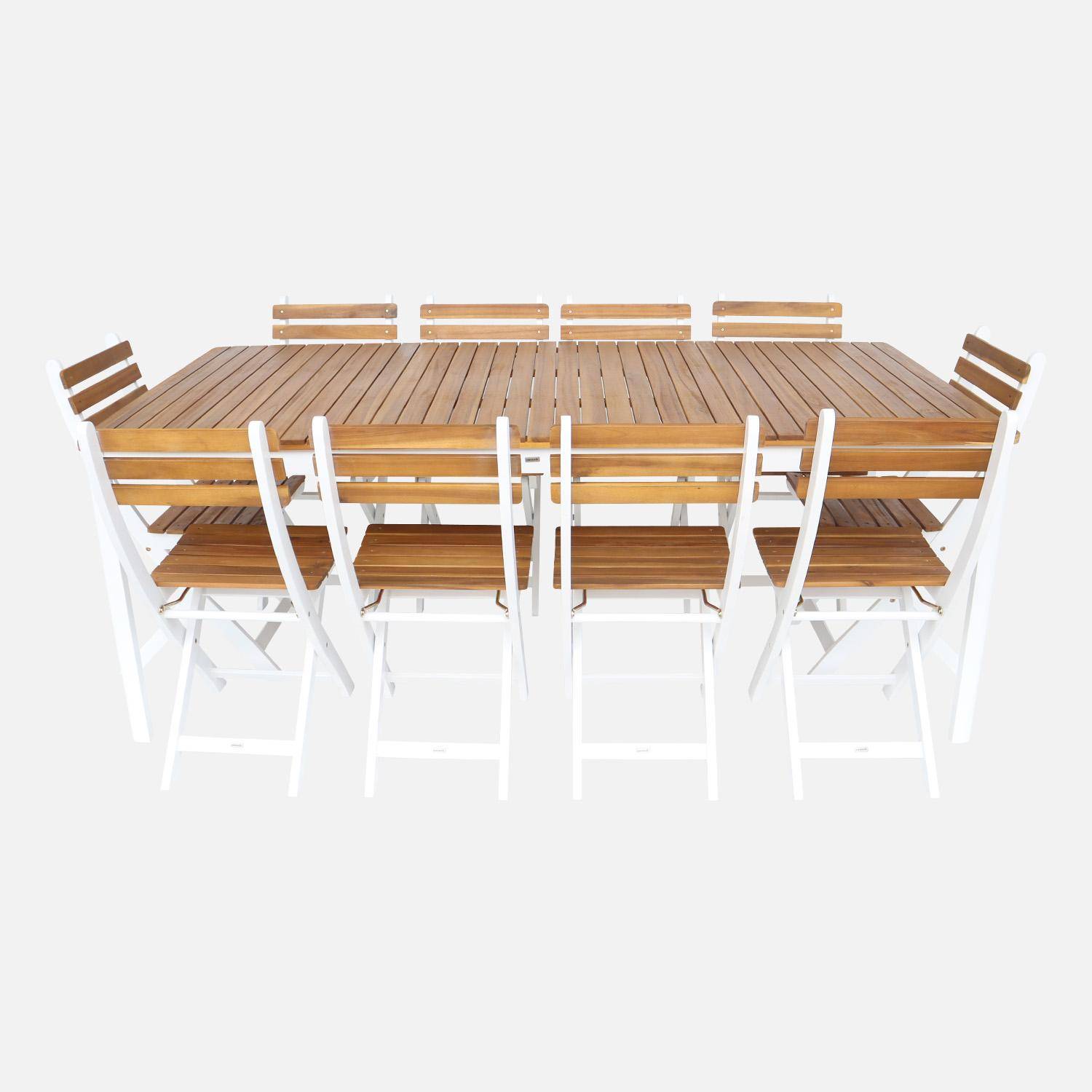 Mesa de jardim de acácia com cantos arredondados, 10 cadeiras, Calena + Senora, Branco, 200x100x75 cm Photo4