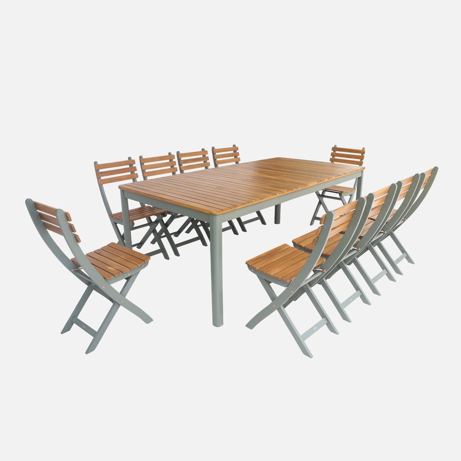Acacia tuintafel met ronde hoeken, 10 stoelen, kaki