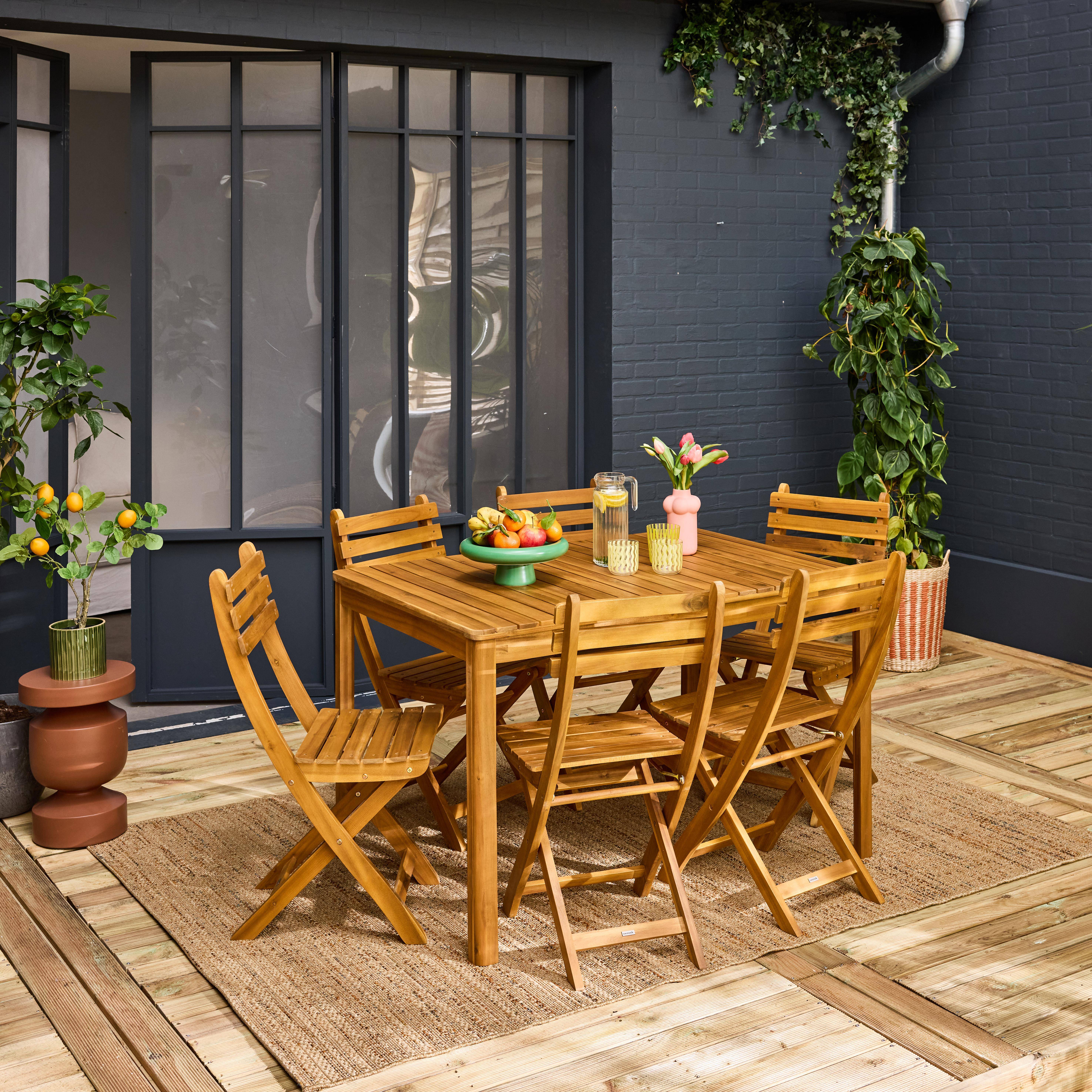 6-seater acacia garden table with rounded corners, Calena + Senora, Natural, 120x80x75 cm Photo2