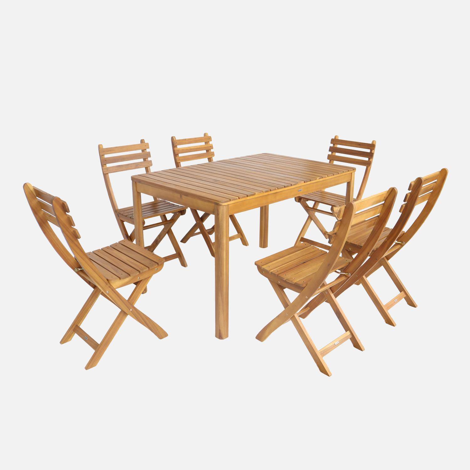 Table de jardin acacia avec coins arrondis, 6 chaises, naturel, 120 x 80 x 75 cm Photo1