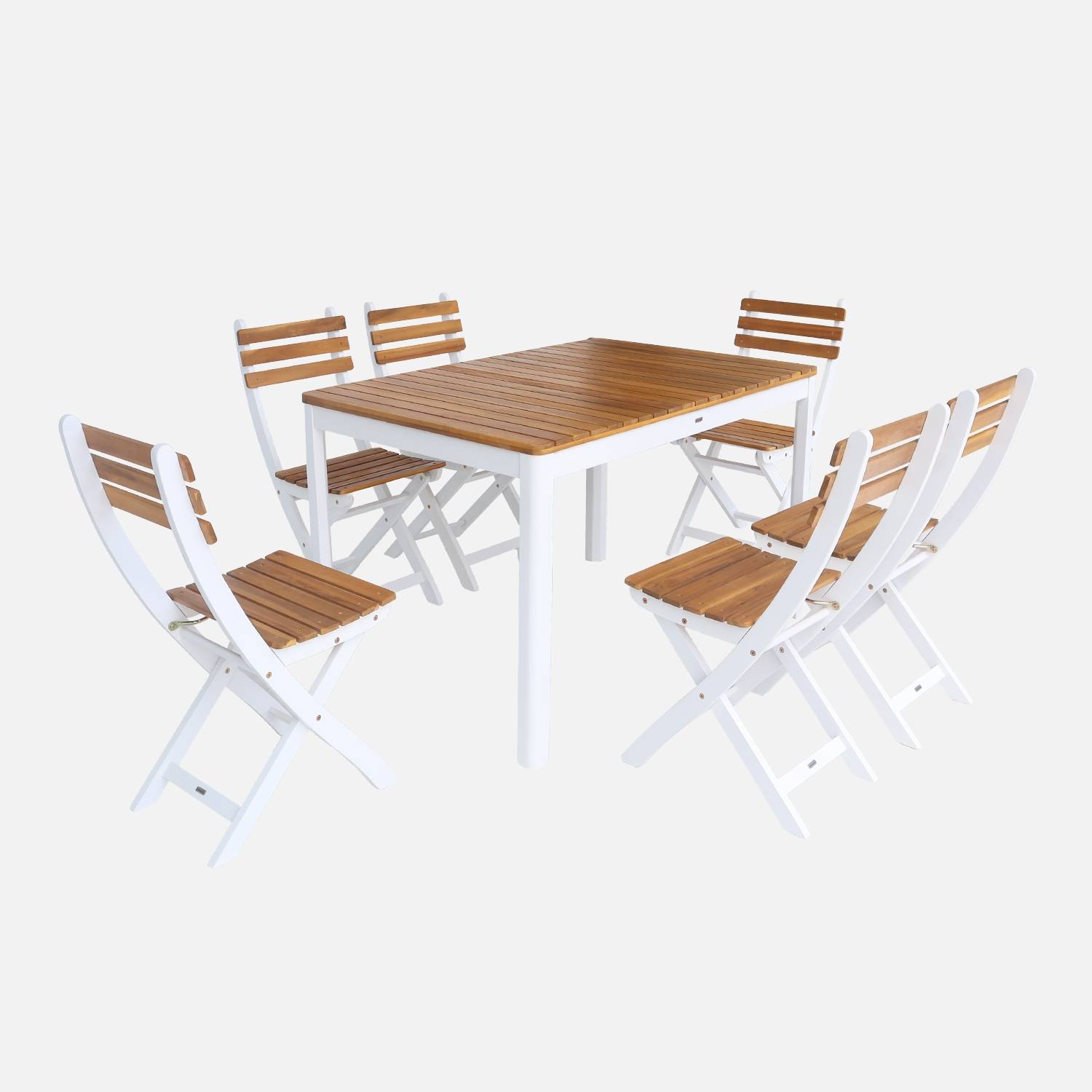 Acacia tuintafel met ronde hoeken, 6 stoelen, wit