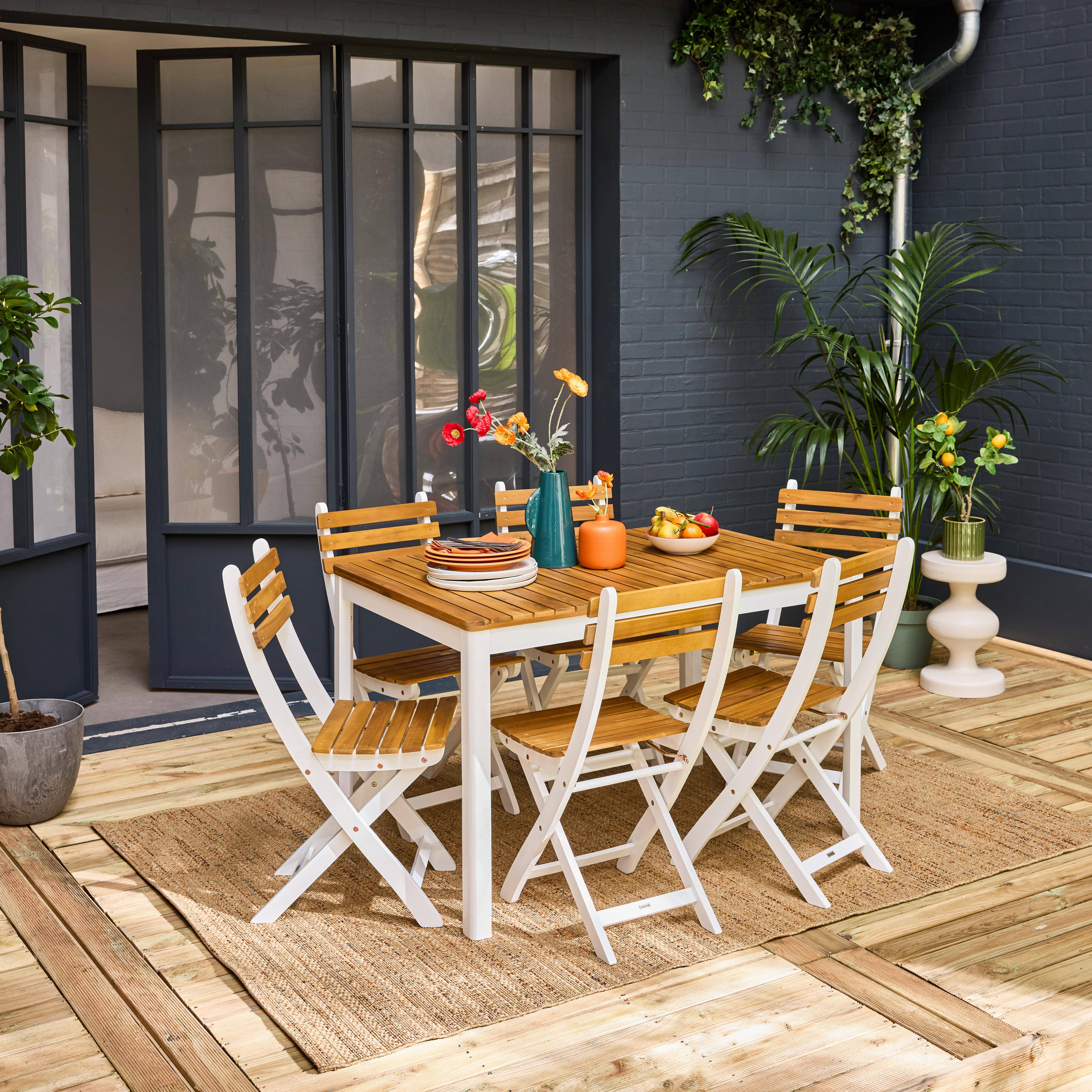 Acacia tuintafel met ronde hoeken, 6 stoelen, wit, 120 x 80 x 75 cm Photo2