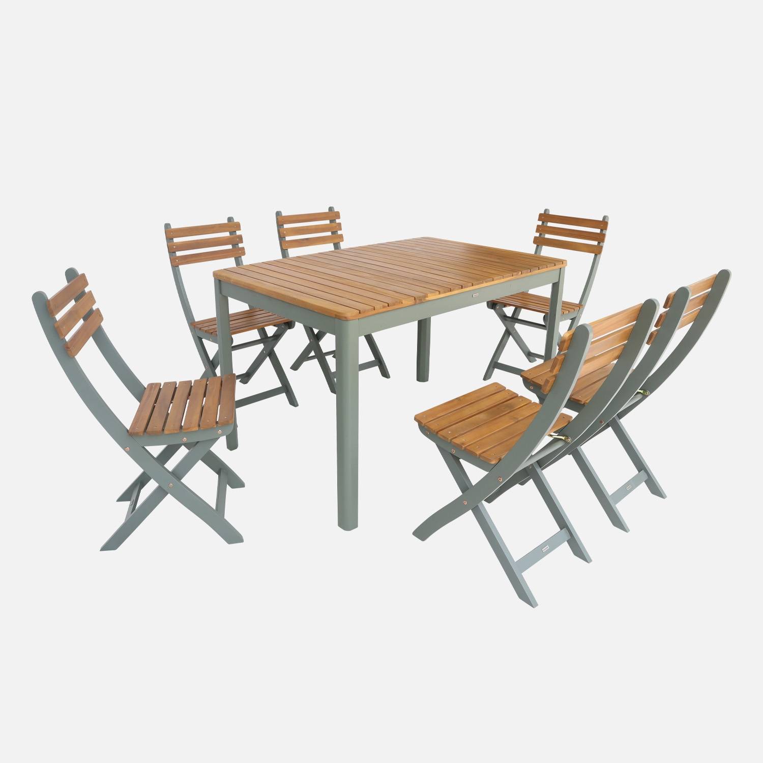Acacia tuintafel met ronde hoeken, 6 stoelen, kaki