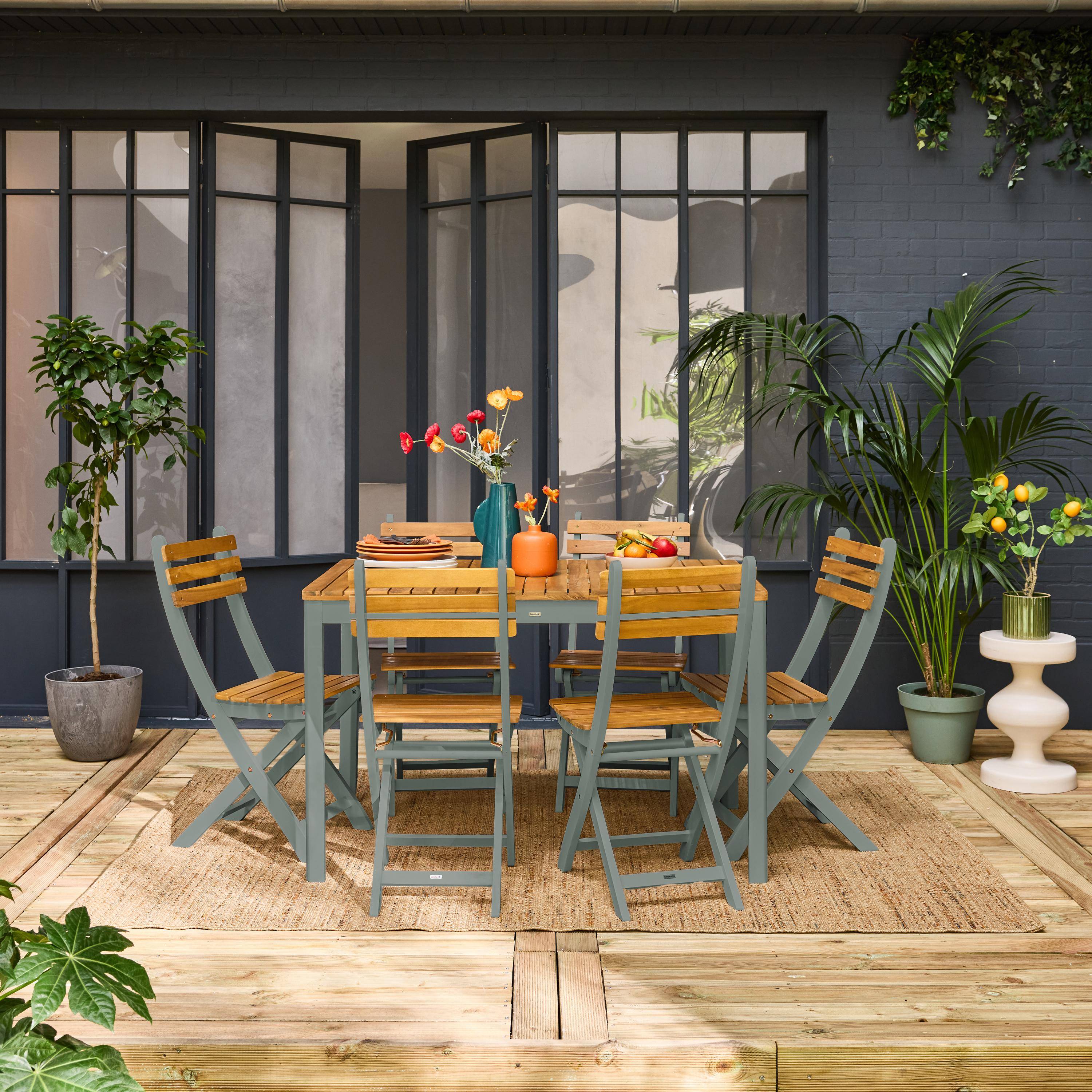 6-seater acacia garden table with rounded corners, Calena + Senora, Khaki Green, 120x80x75 cm Photo1