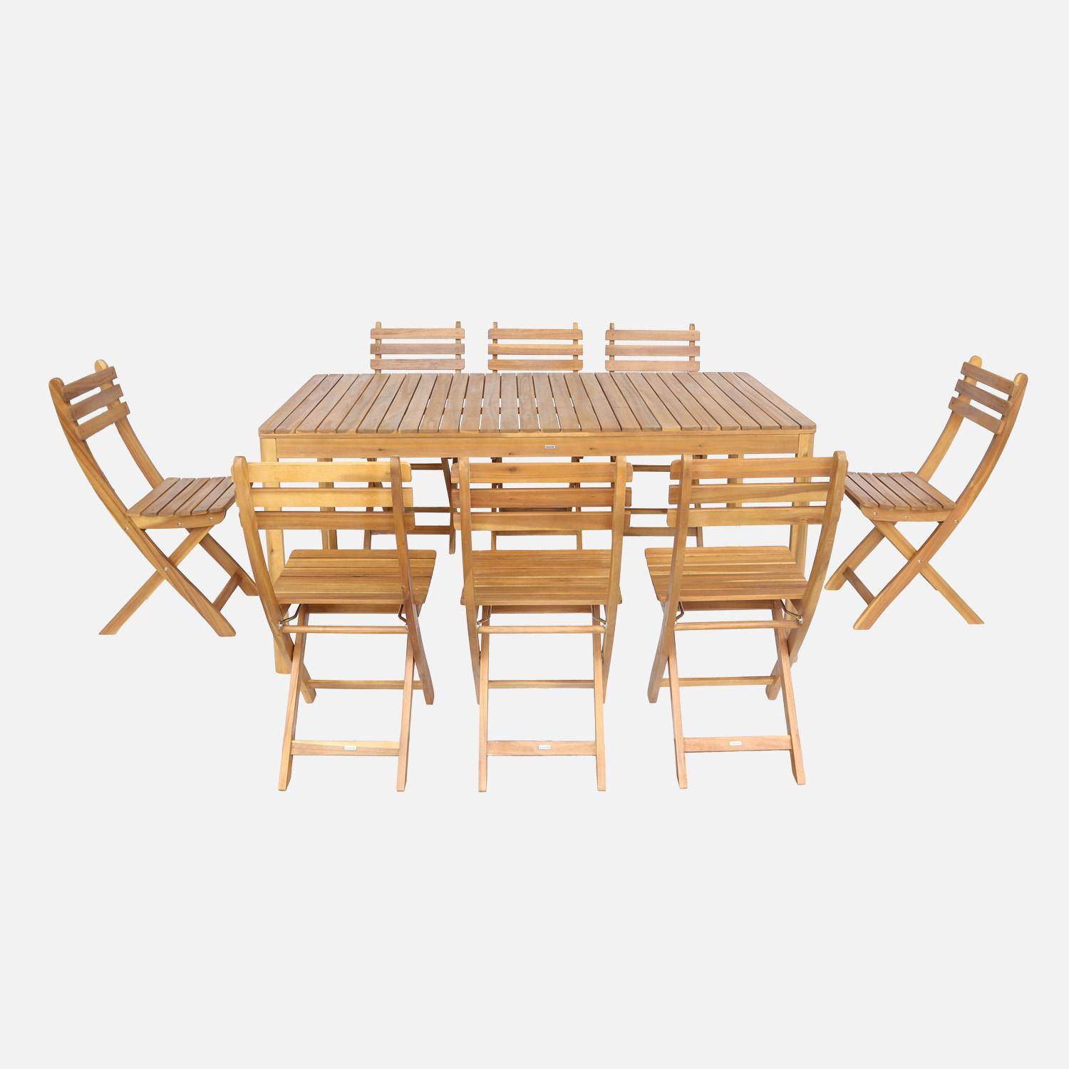 Table de jardin acacia avec coins arrondis, 8 chaises, naturel, 160 x 90 x 75 cm Photo2