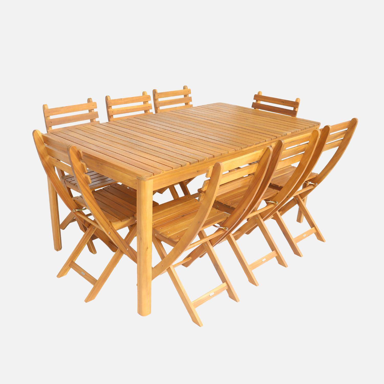 Table de jardin acacia avec coins arrondis, 8 chaises, naturel, 160 x 90 x 75 cm Photo3