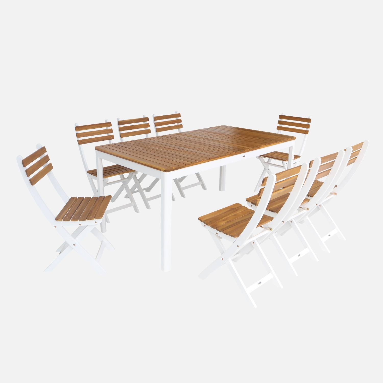 Acacia tuintafel met afgeronde hoeken, 8 stoelen, wit