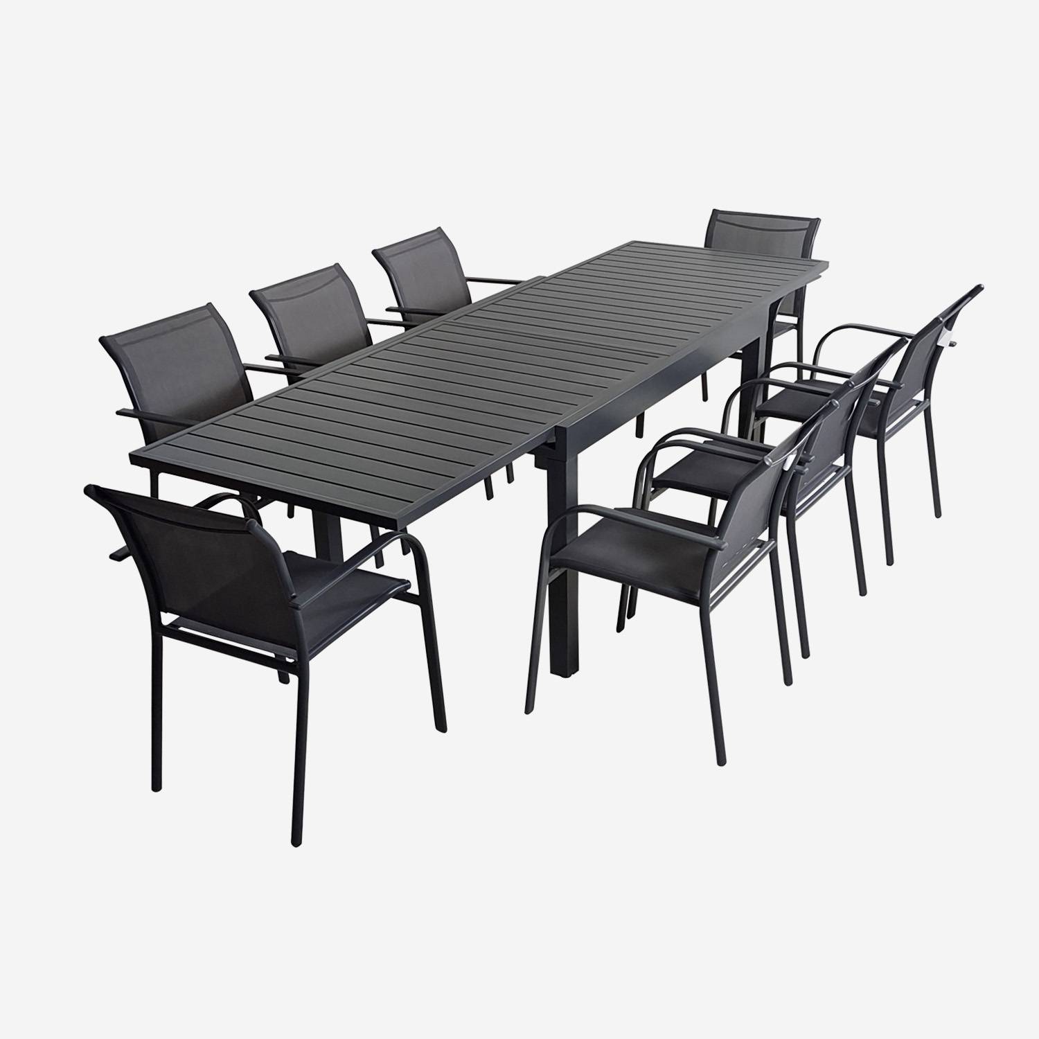 Uittrekbare tuintafel, 8 stoelen, aluminium en textileen, antraciet