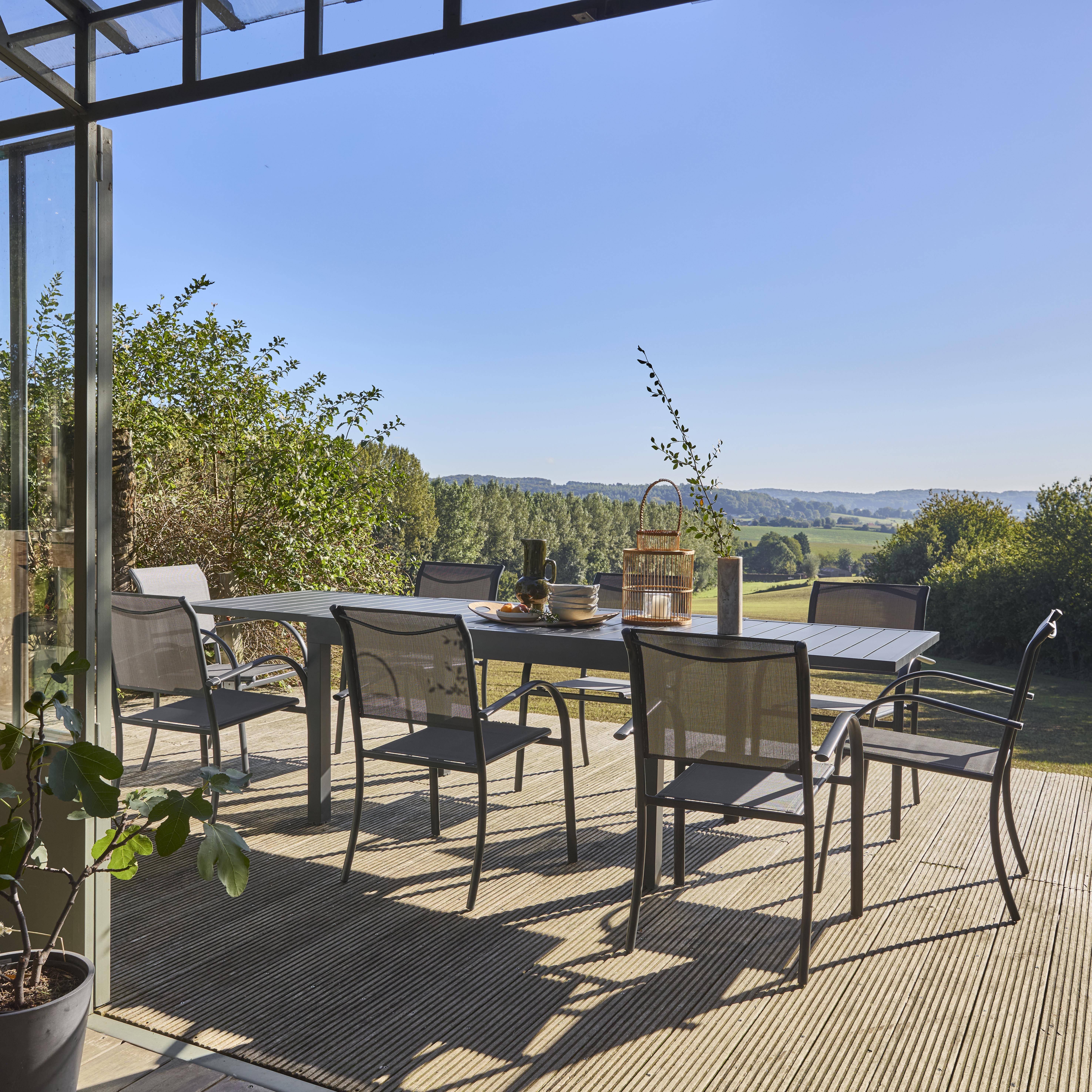 Table de jardin extensible, 8 fauteuils, aluminium et textilène, anthracite, 270 x 90 x 75 cm Photo1