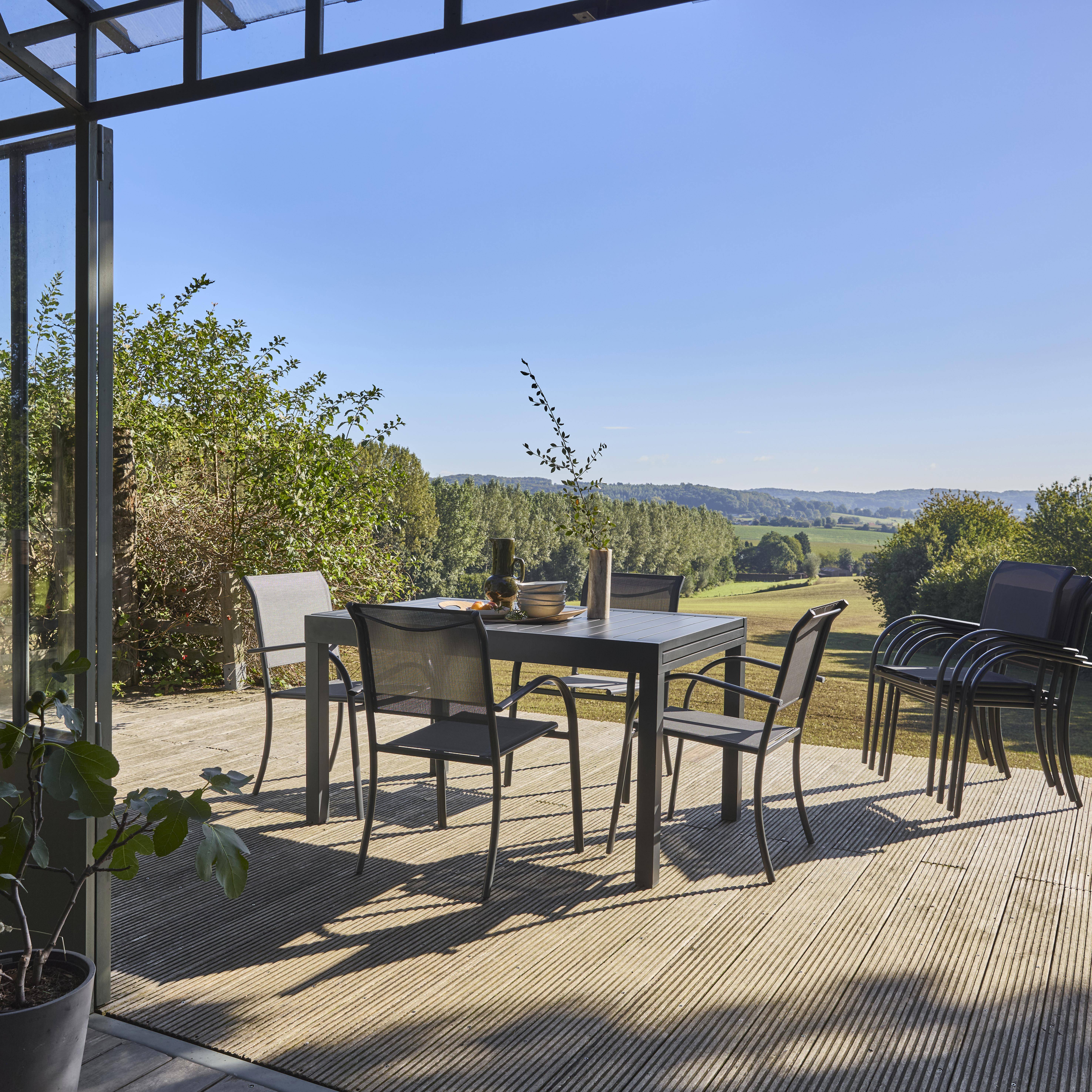 Table de jardin extensible, 8 fauteuils, aluminium et textilène, anthracite, 270 x 90 x 75 cm Photo2