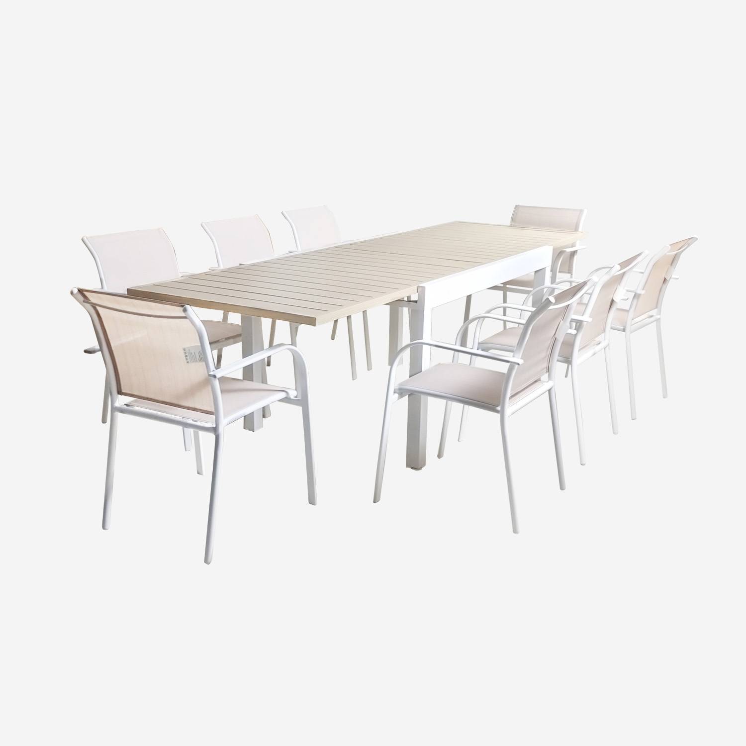Uittrekbare tuintafel, 8 stoelen, aluminium en textileen, wit