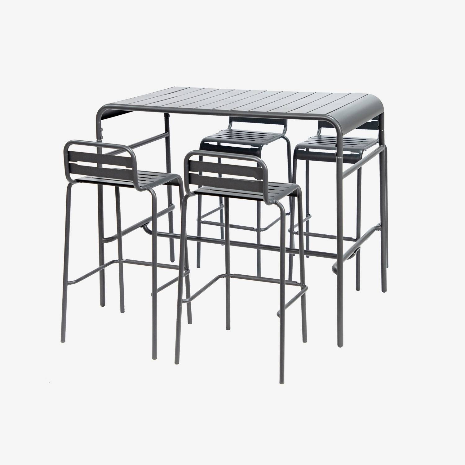 Table haute de jardin anthracite, 4 chaises hautes en acier
