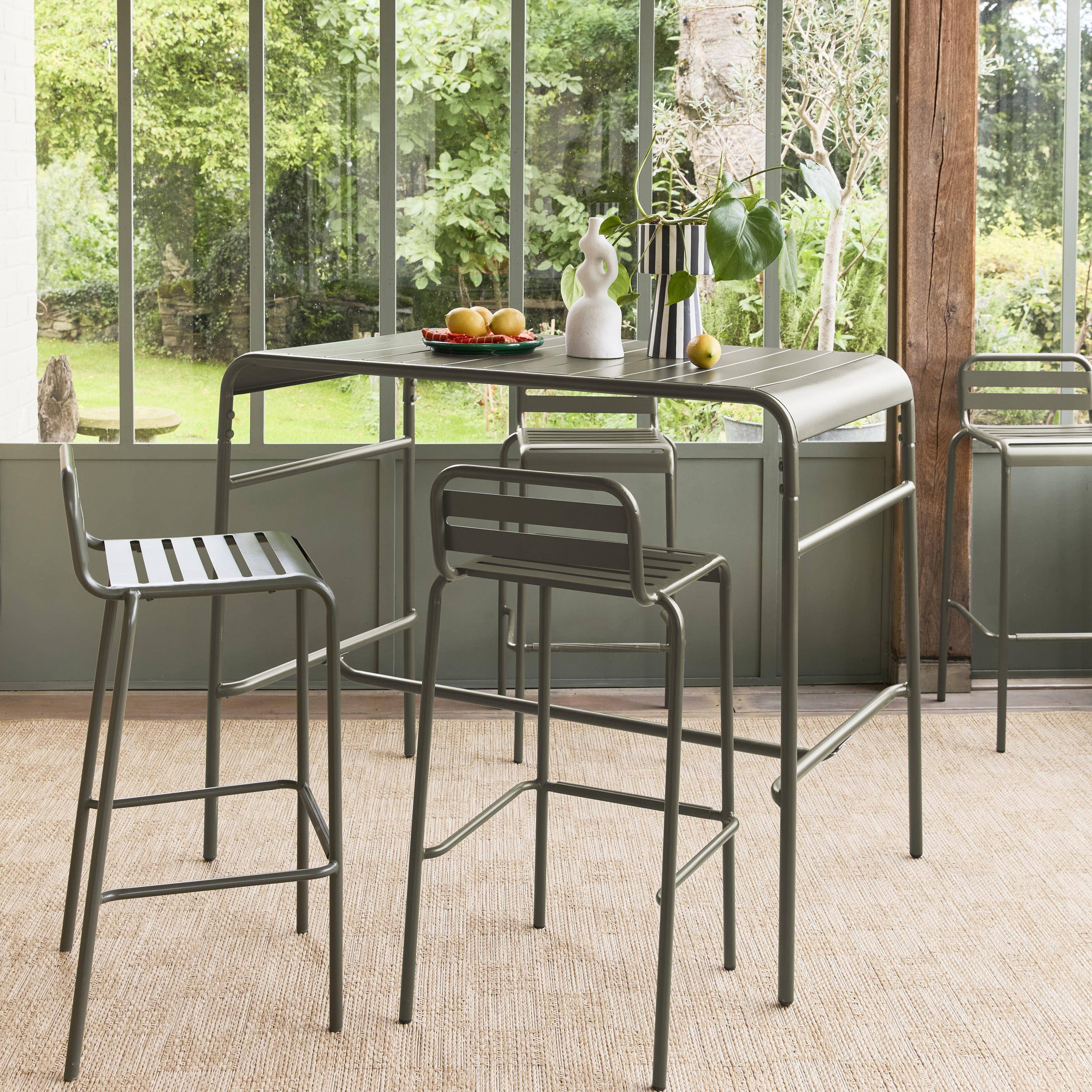 Table haute de jardin AMELIA kaki, 4 chaises hautes en acier, 120 x 70cm x 95cm,sweeek,Photo1