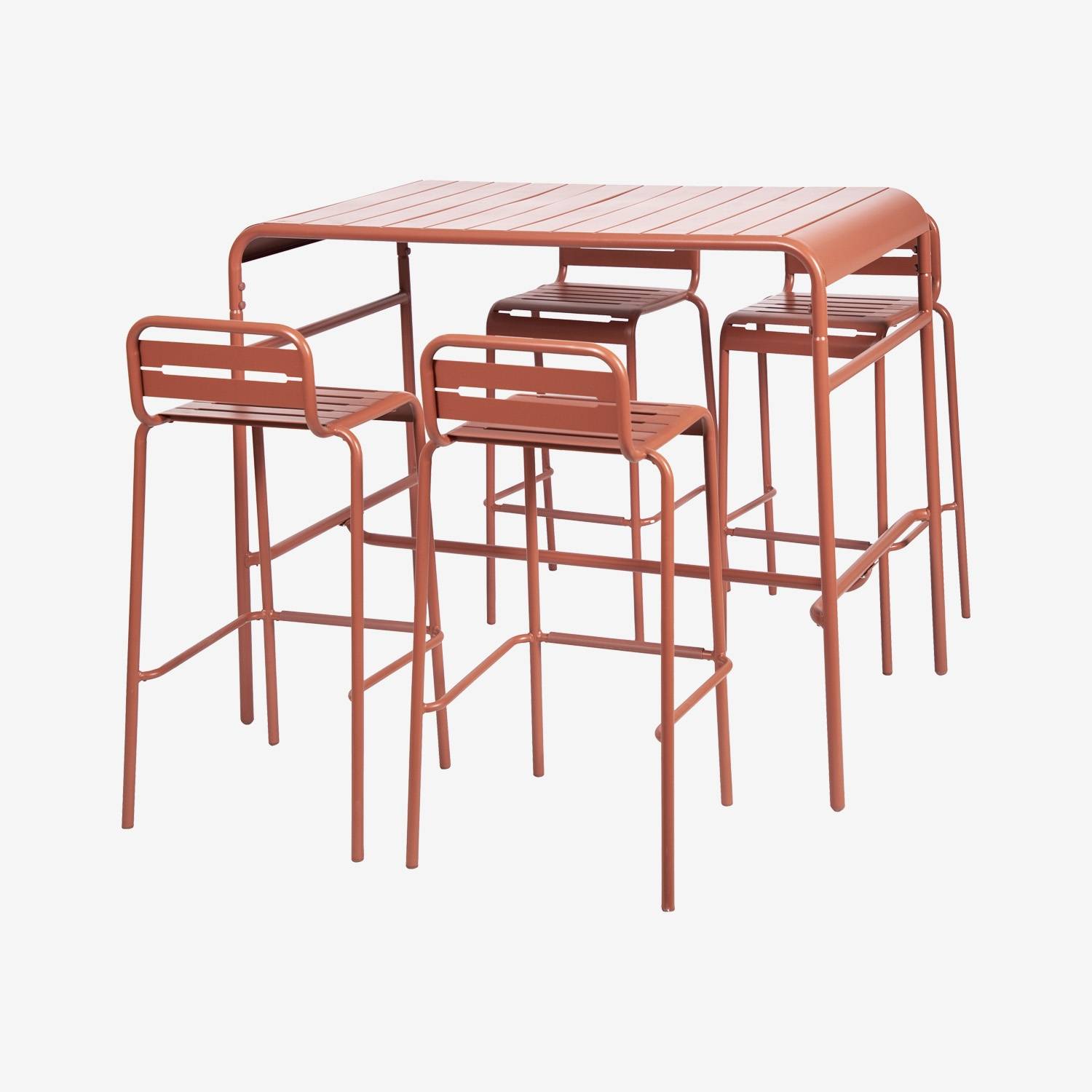 Table haute de jardin terracotta, 4 chaises hautes en acier