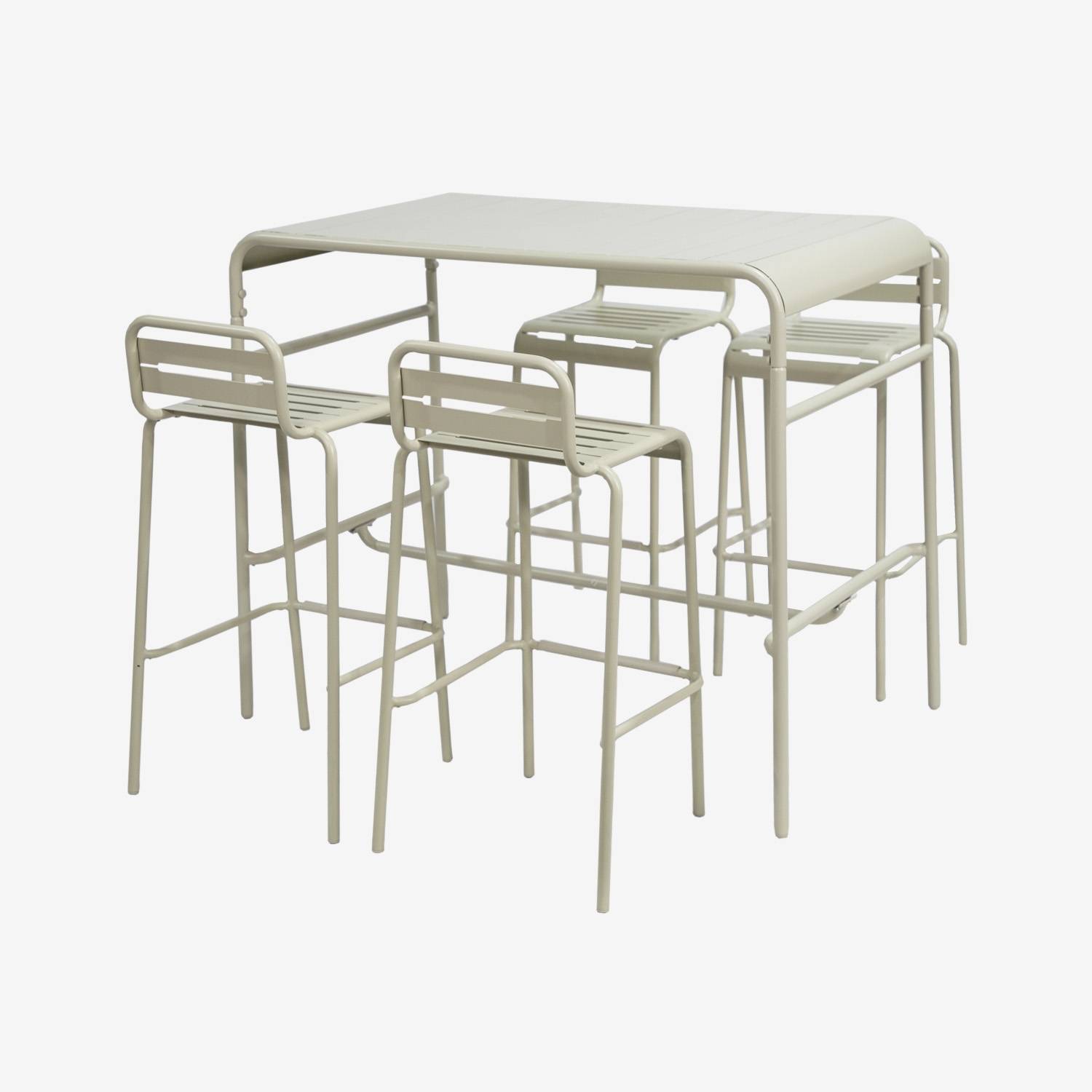 Table haute de jardin beige, 4 chaises hautes en acier