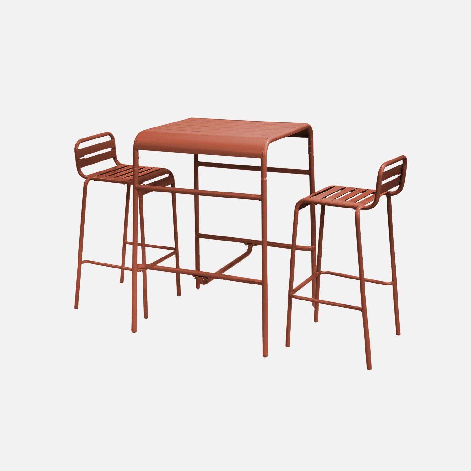 Mesa alta de jardim, 2 cadeiras altas em aço, Terra Cotta