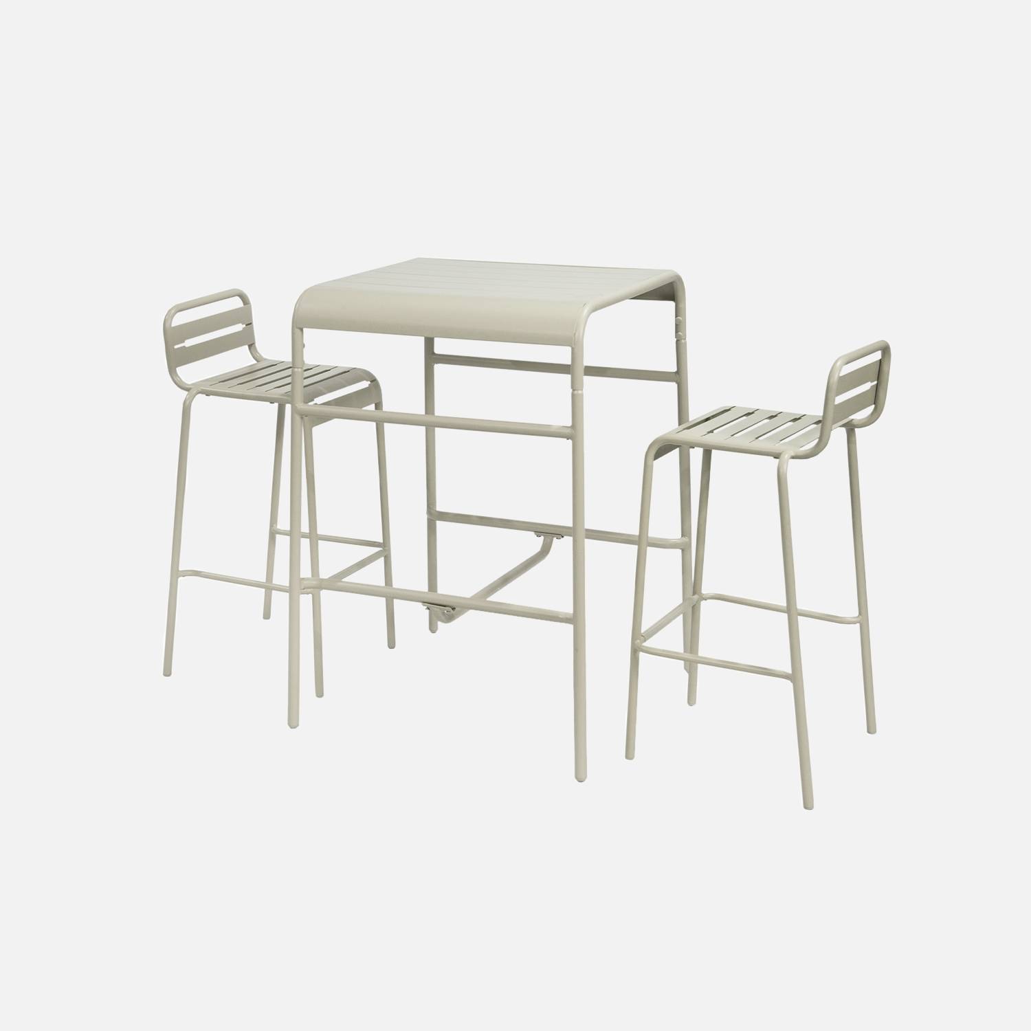 Table haute de jardin beige, 2 chaises hautes en acier