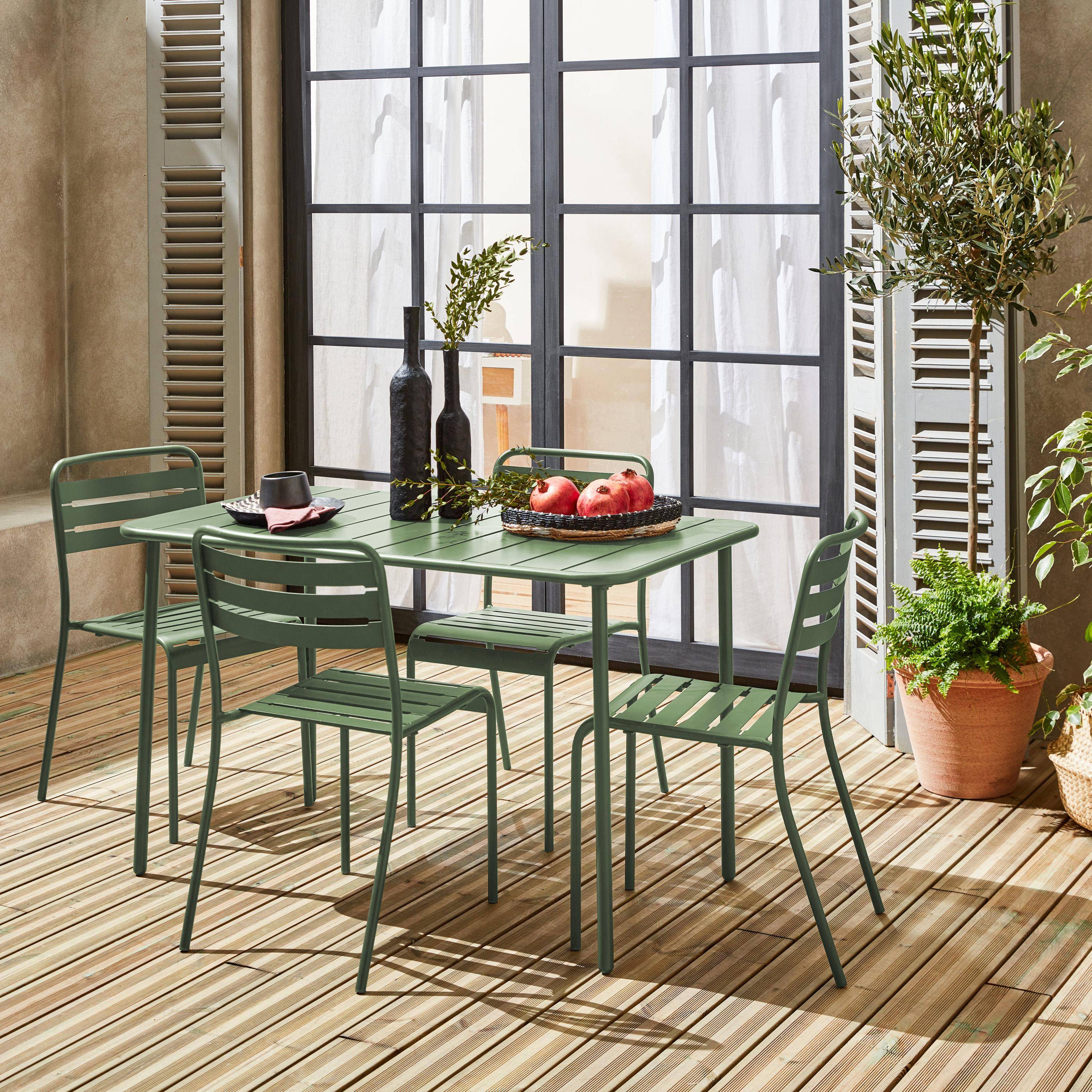 Table de jardin métal 4 chaises vert en acier, Amelia, 120 x 70 x 72,5 cm Photo1