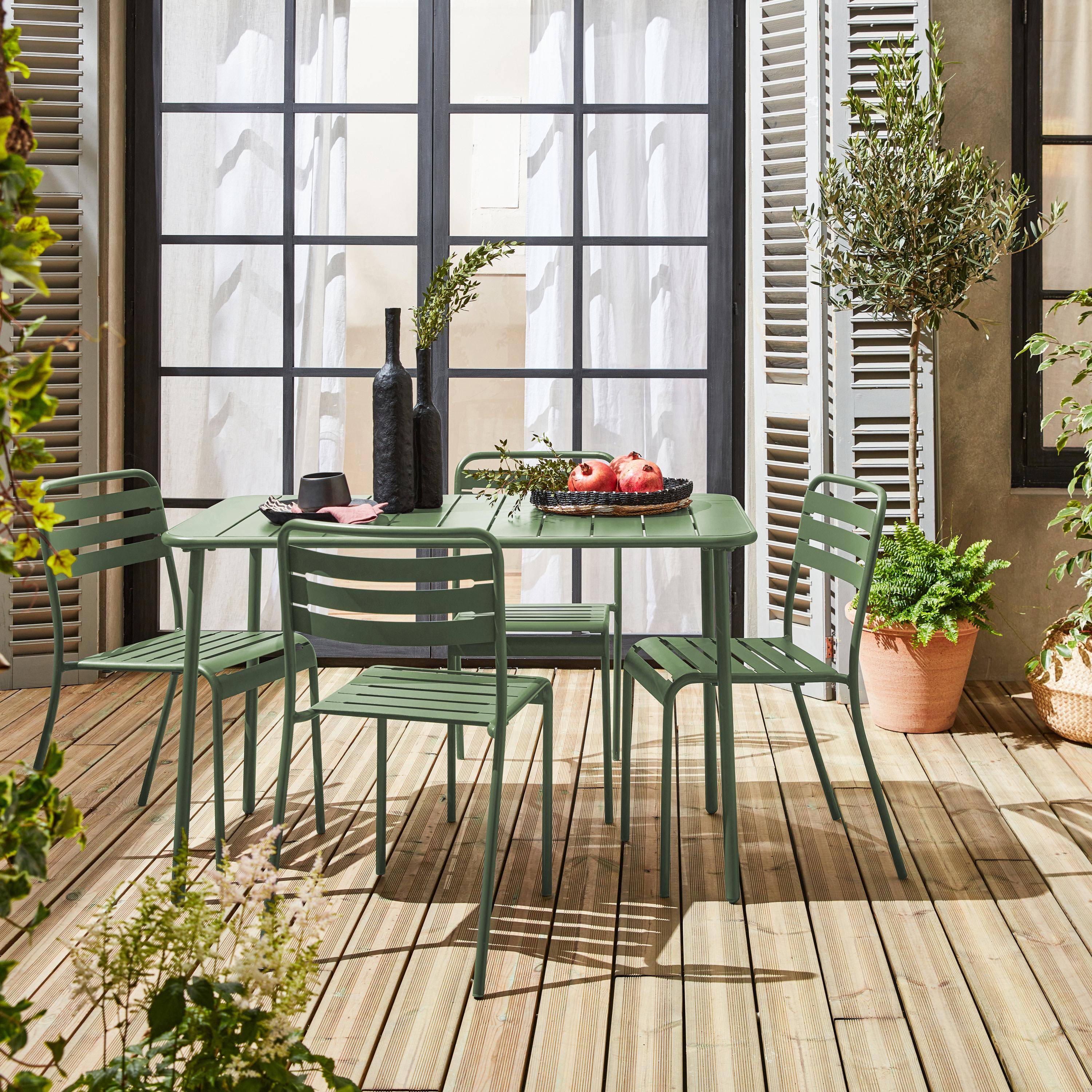 Table de jardin métal 4 chaises vert en acier, Amelia, 120 x 70 x 72,5 cm Photo2