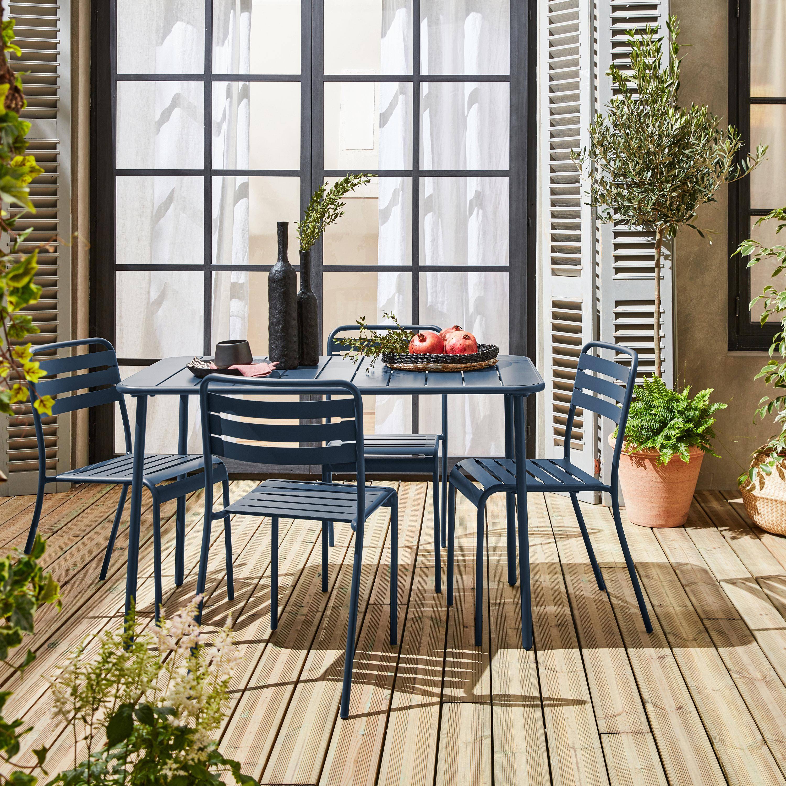 Table de jardin métal 4 chaises bleu marine en acier, Amelia, 120 x 70 x 72,5 cm Photo2