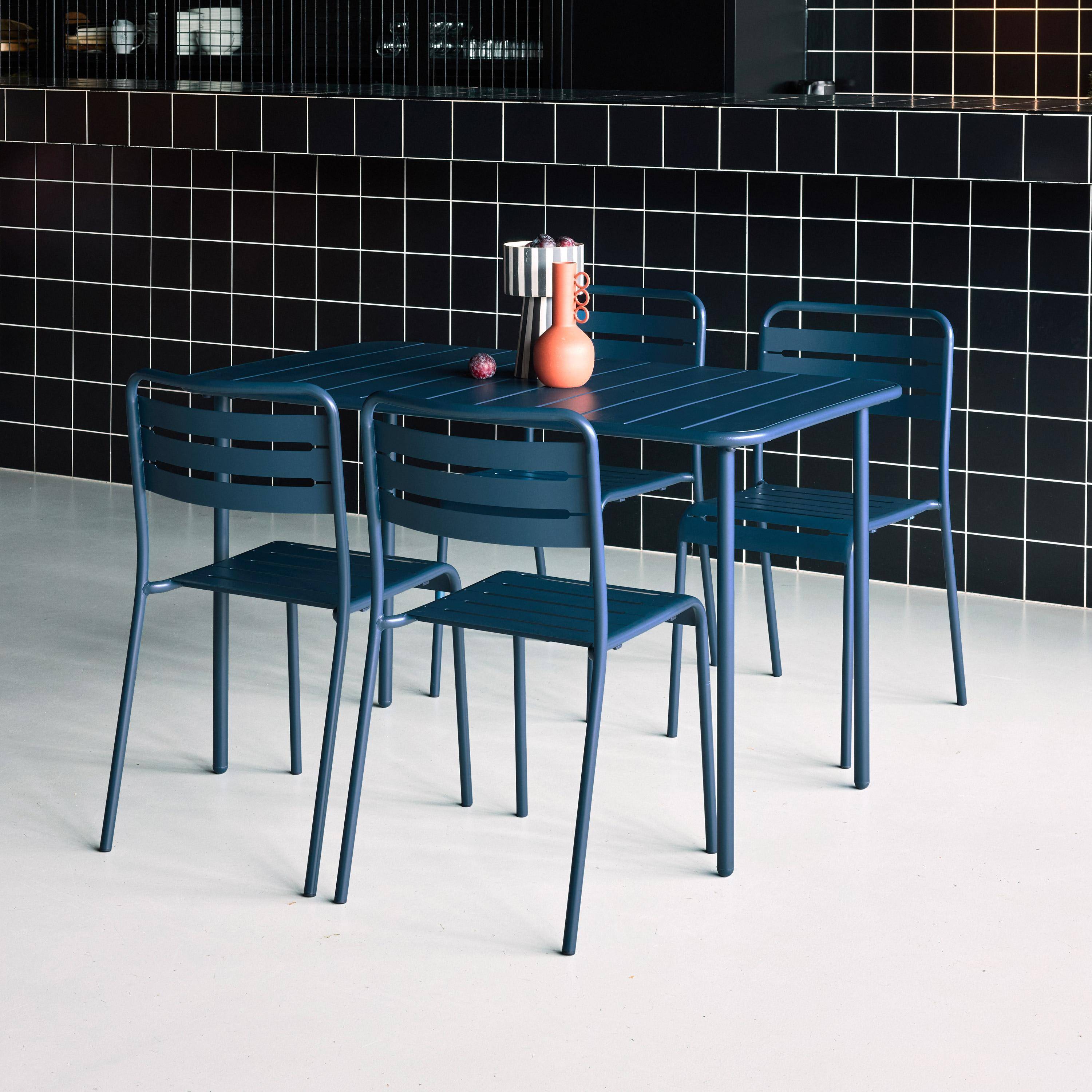 Table de jardin métal 4 chaises bleu marine en acier, Amelia, 120 x 70 x 72,5 cm Photo3