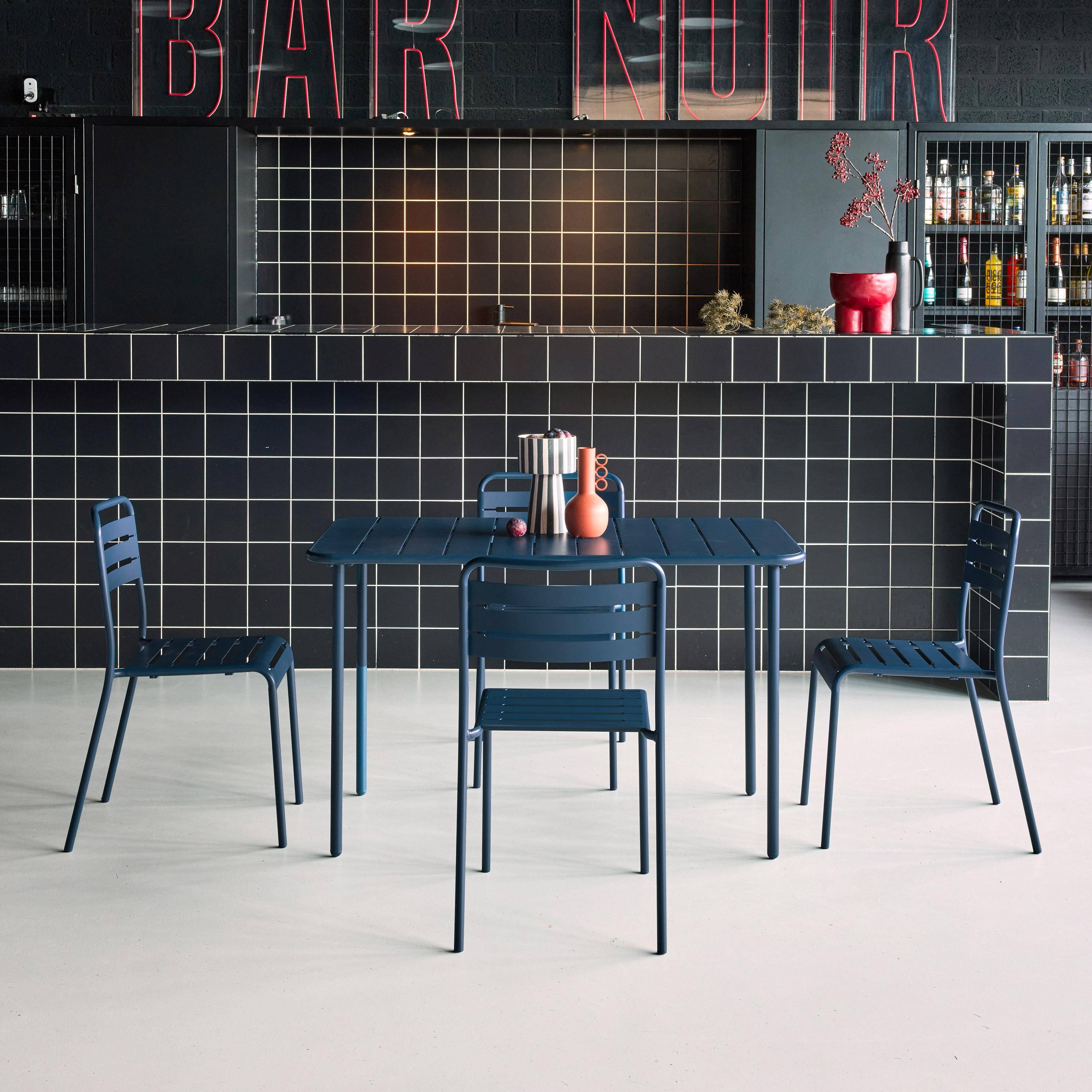 Table de jardin métal 4 chaises bleu marine en acier, Amelia, 120 x 70 x 72,5 cm Photo2