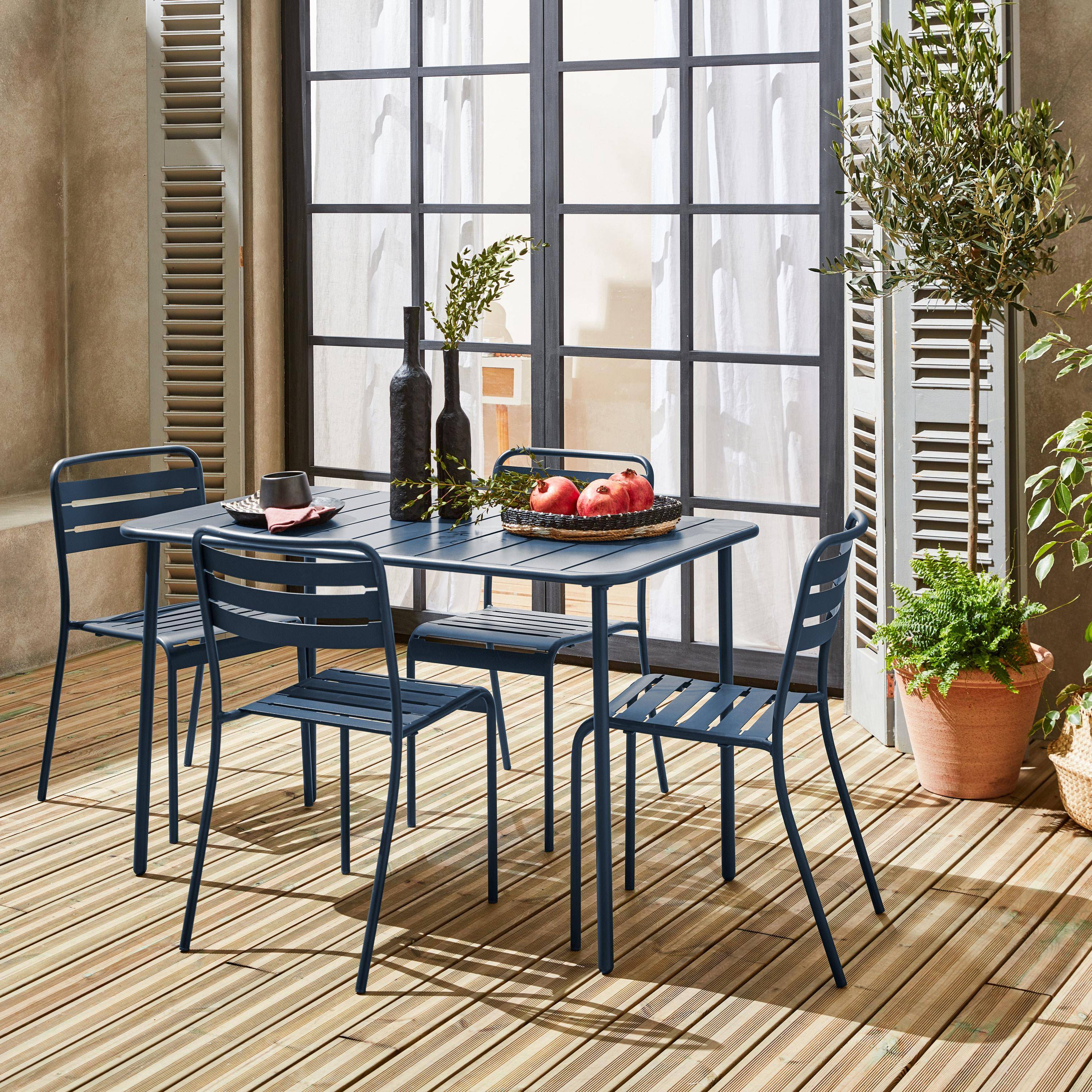 Table de jardin métal 4 chaises bleu marine en acier, Amelia, 120 x 70 x 72,5 cm Photo1