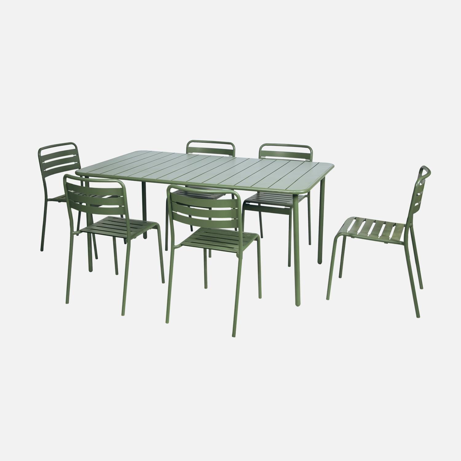 Tuinset met metalen tafel en 6 groene stoelen