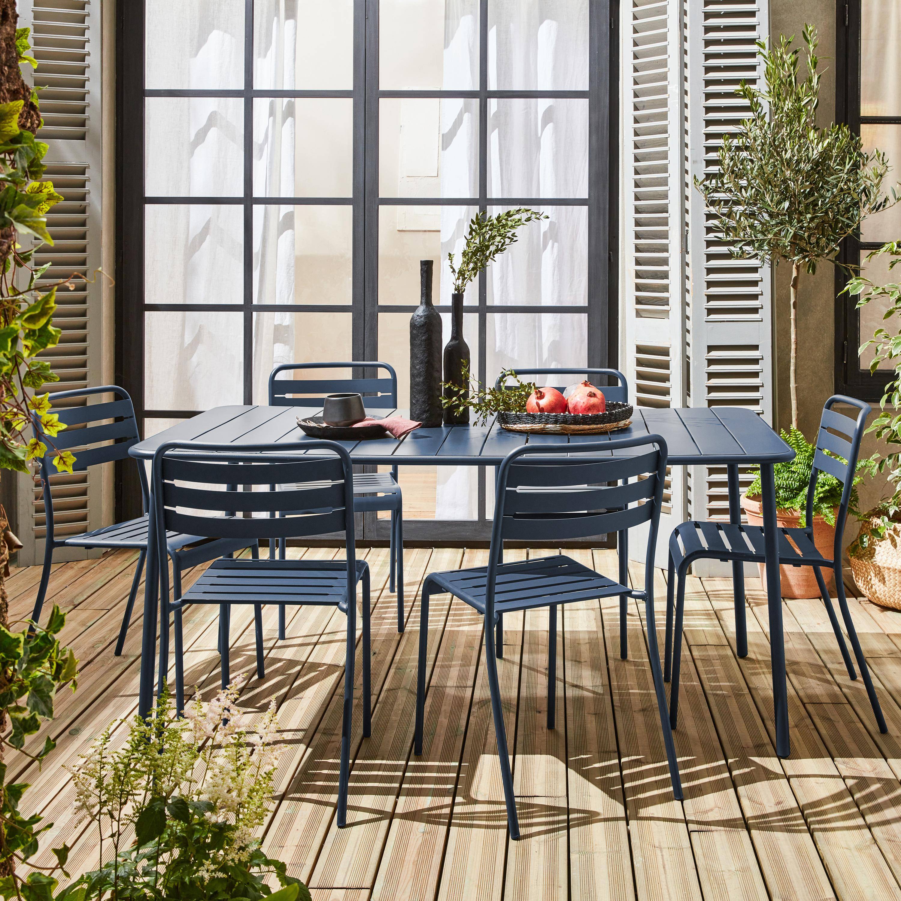 Mesa de jardín de metal con 6 sillas, Amelia, Azul marino, 160x90x72.5 cm Photo1