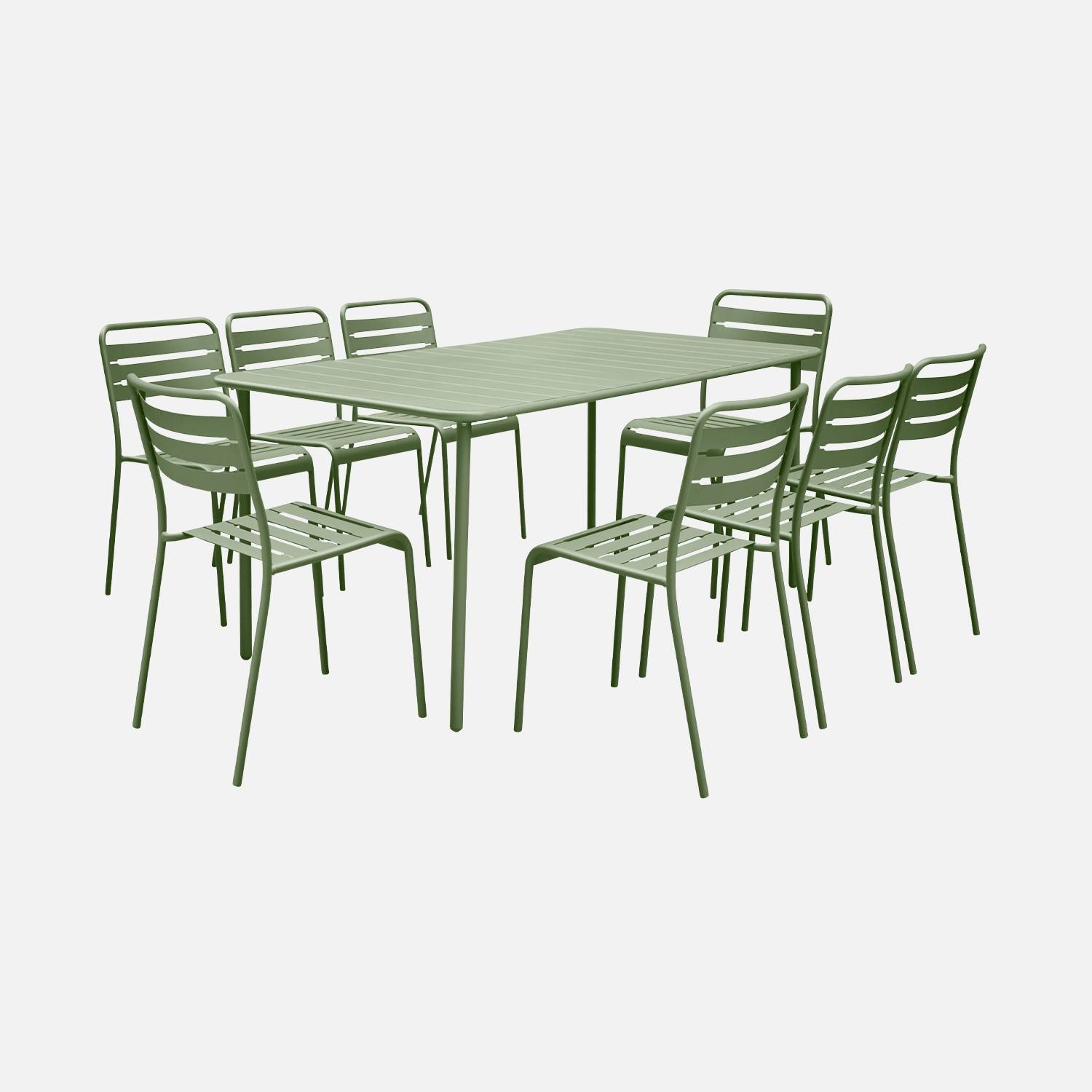 Tuintafel van metaal met 8 groene stoelen