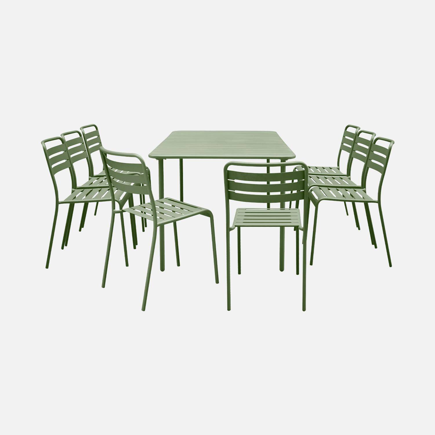 Table de jardin en métal vert + 8 chaises, traitement antirouille, lattes et bords arrondis  Photo2
