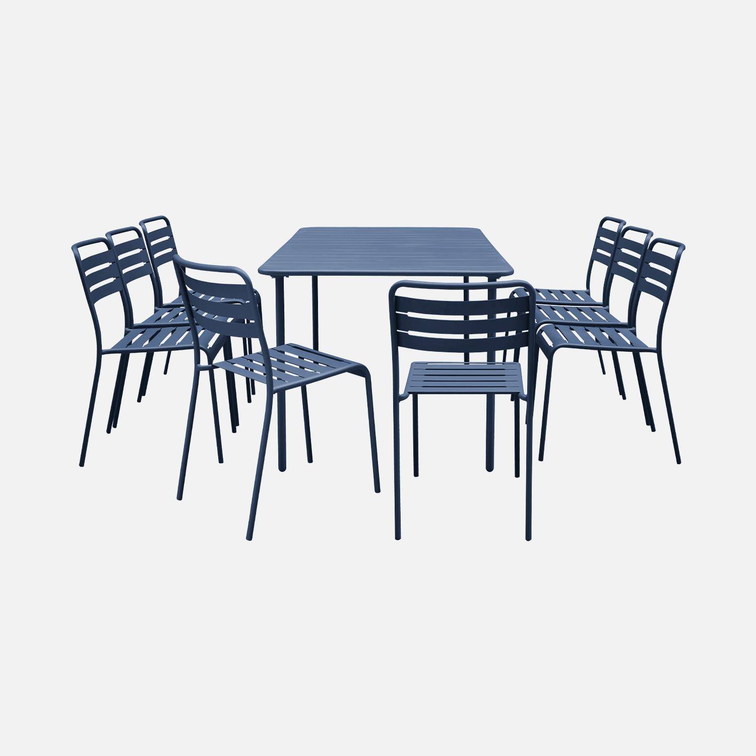 Table de jardin en métal bleu marine + 8 chaises, traitement antirouille, lattes et bords arrondis  Photo2