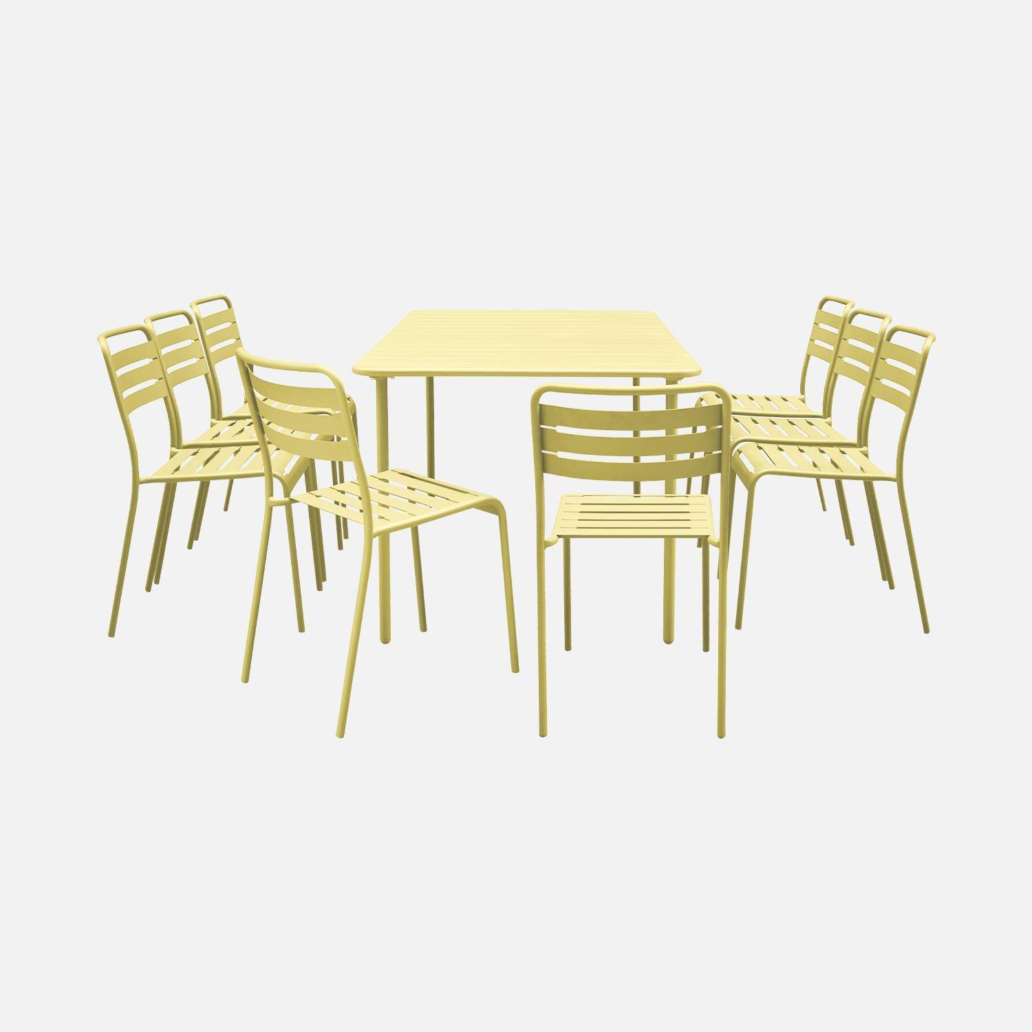 Table de jardin en métal jaune + 8 chaises, traitement antirouille, lattes et bords arrondis  Photo2
