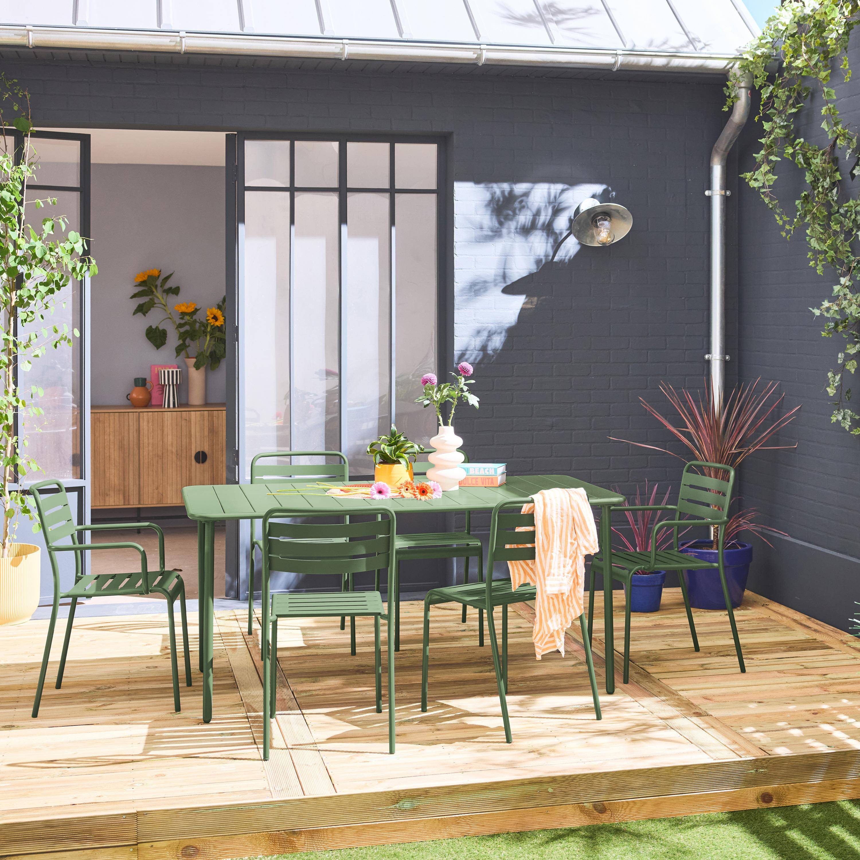 Tuintafel van metaal + 6 stoelen, waarvan 2 met armleuning, groen, staal met roestwerende behandeling. Photo1