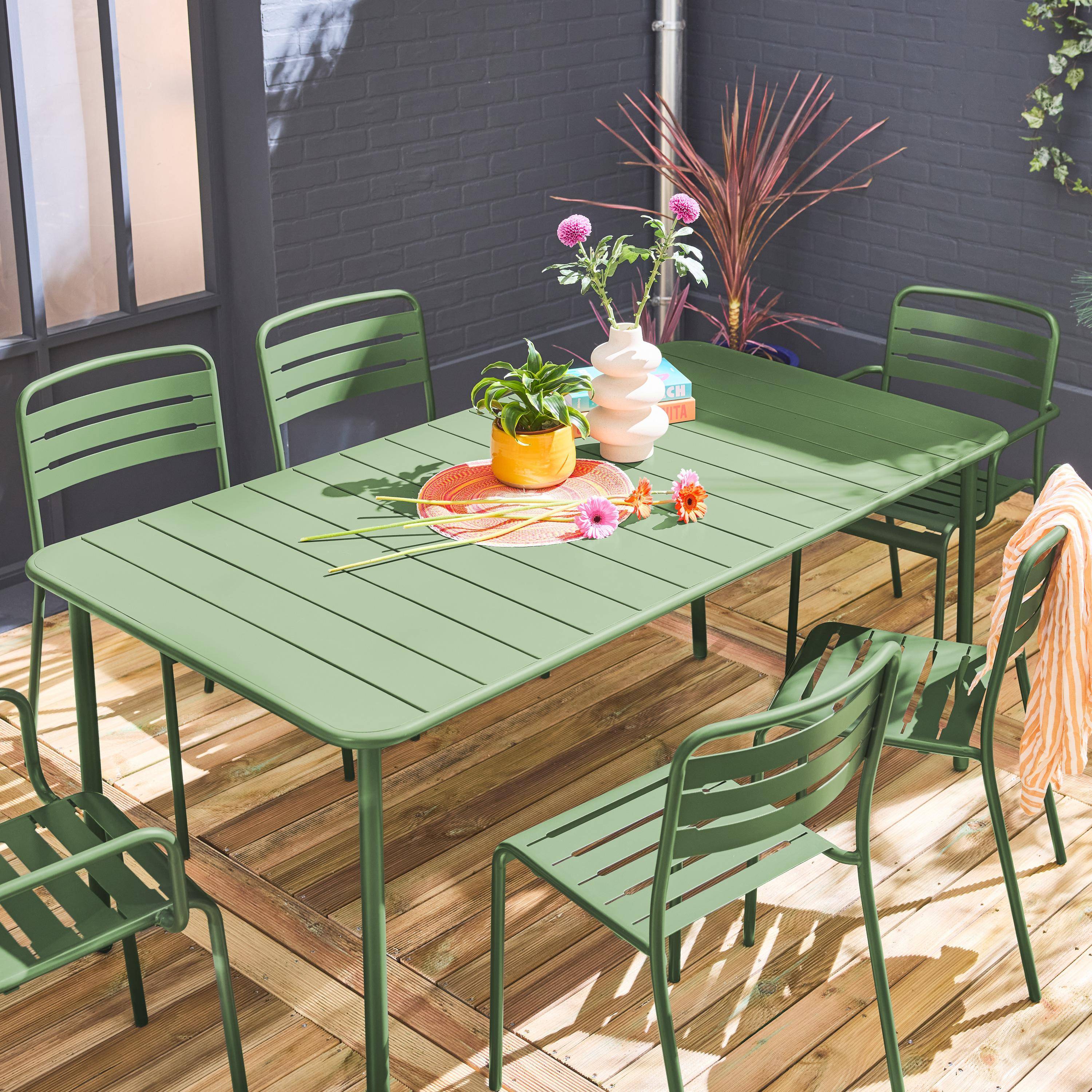 Tuintafel van metaal + 6 stoelen, waarvan 2 met armleuning, groen, staal met roestwerende behandeling. Photo2