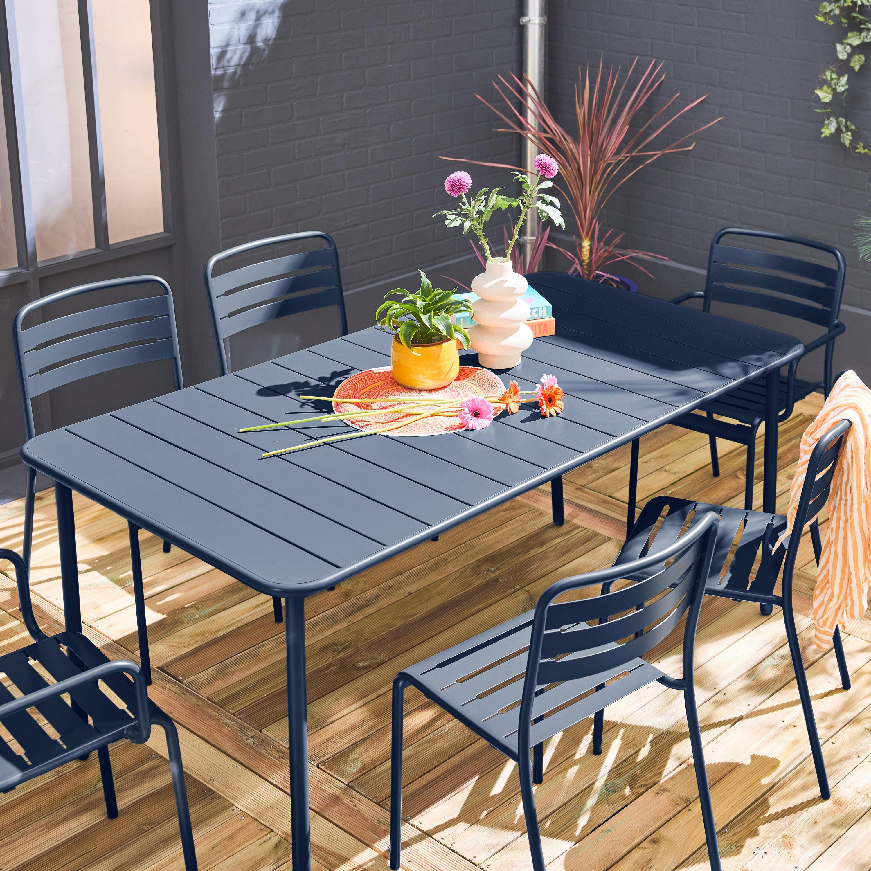 Table de jardin métal + 2 fauteuils et 4 chaises, bleu marine, acier traitement anti rouille,sweeek,Photo2