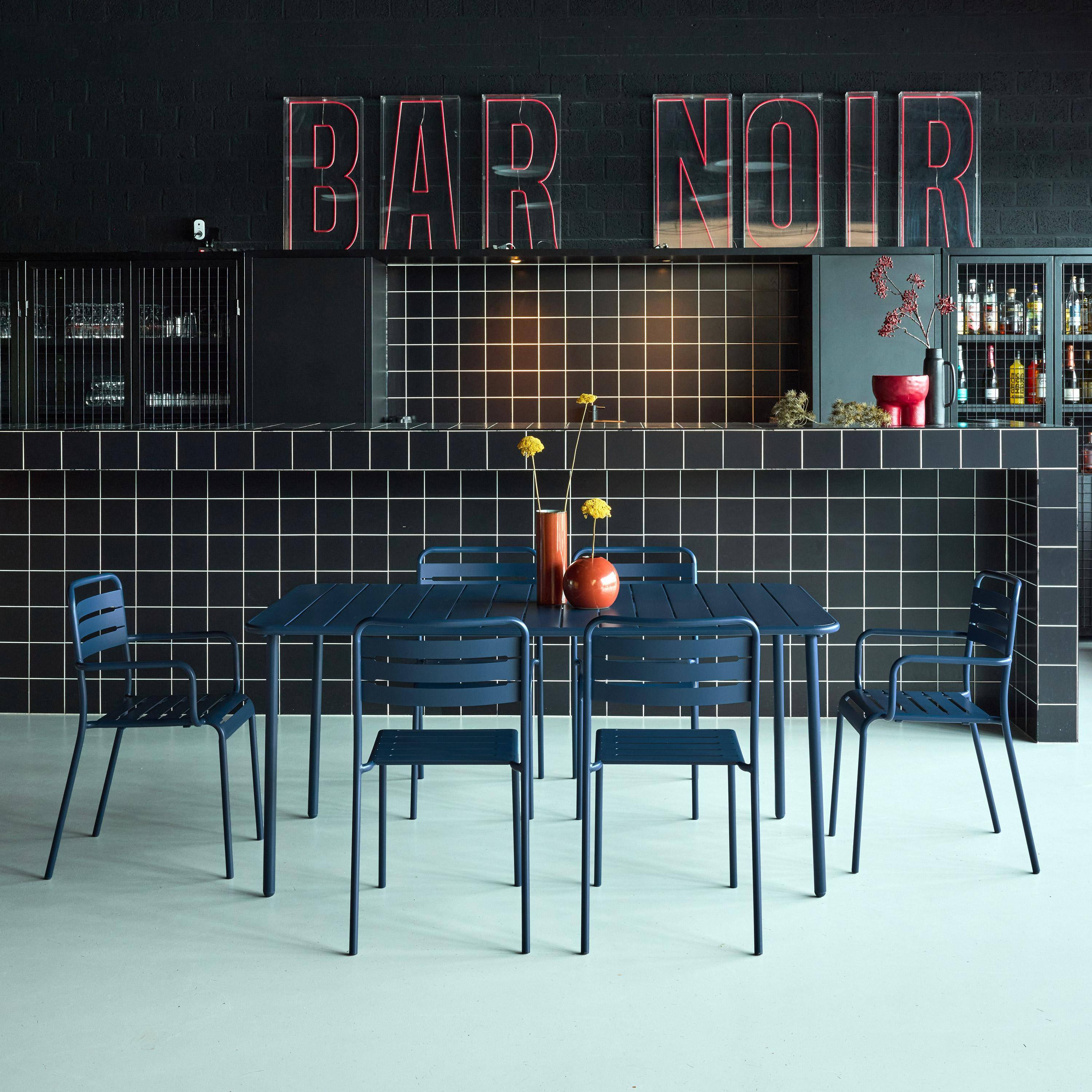 Tuintafel van metaal + 6 stoelen, waarvan 2 met armleuning, marineblauw, staal met anti-roestbehandeling.,sweeek,Photo2