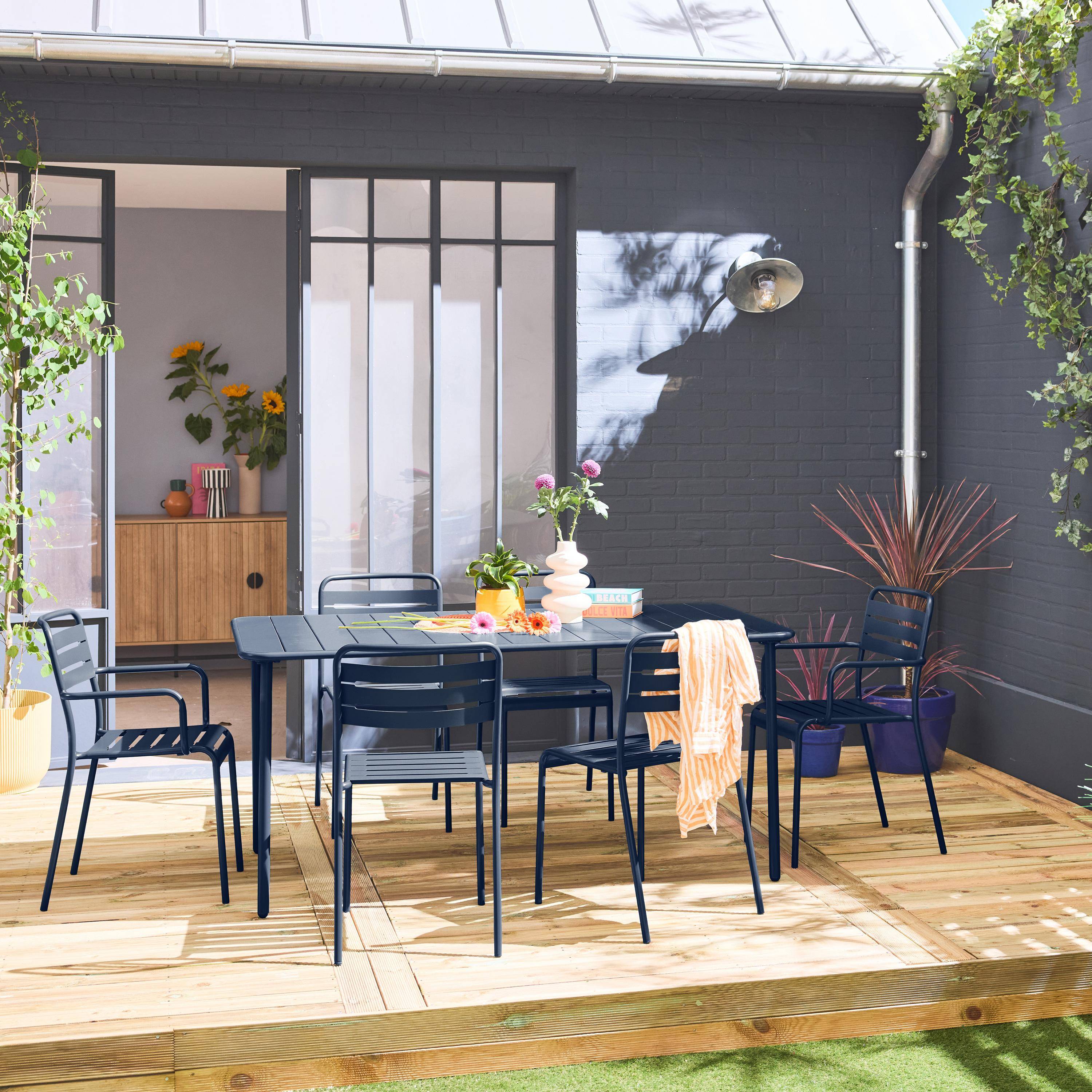 Table de jardin métal + 2 fauteuils et 4 chaises, bleu marine, acier traitement anti rouille Photo1