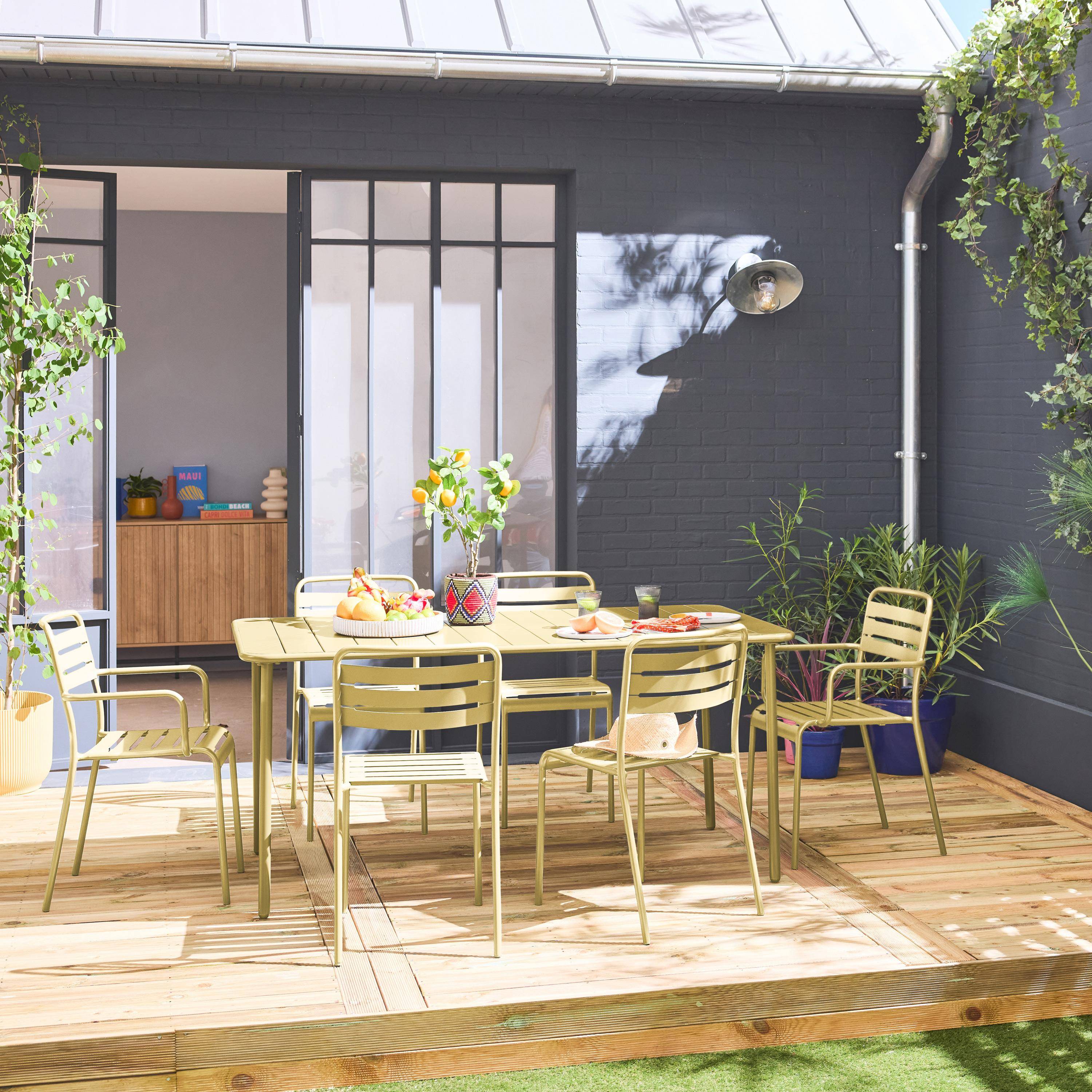 Table de jardin métal + 2 fauteuils et 4 chaises, jaune, acier traitement anti rouille,sweeek,Photo1