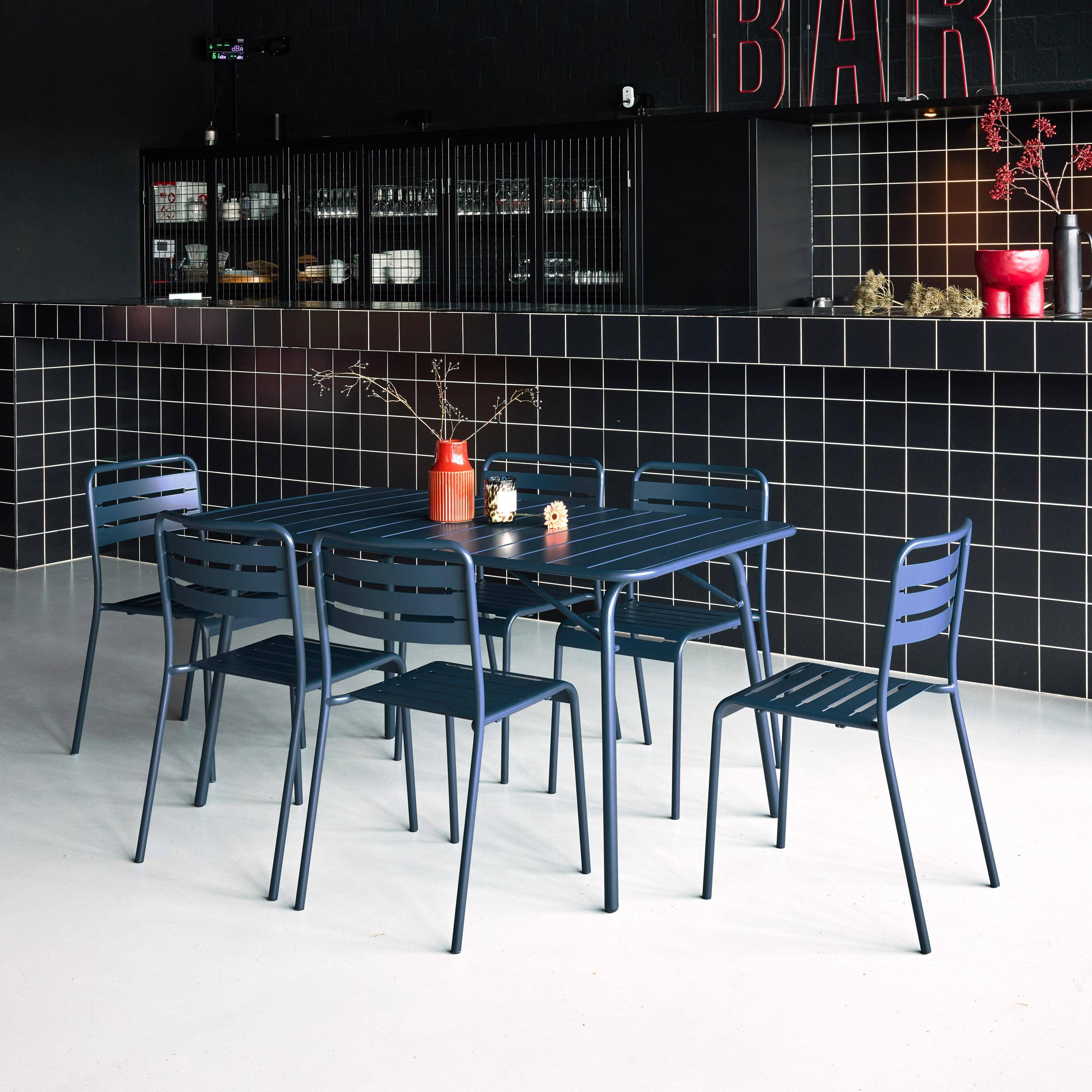 Table de jardin pliante métal 6 chaises, Amelia, bleu marine, 141,2 x 80 x 72,5cm Photo2